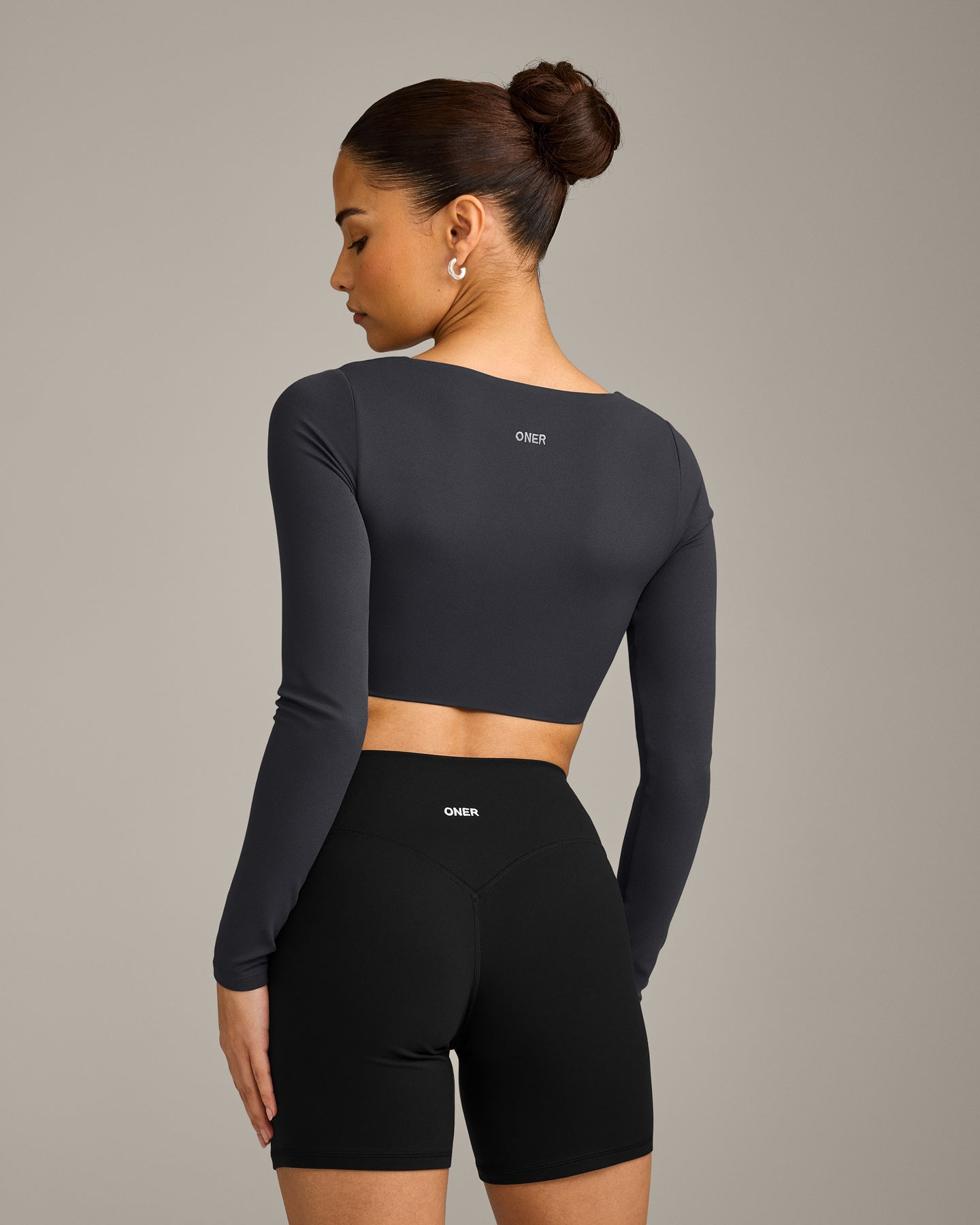 SoftMotion Scoop Neck Long Sleeve Crop Top with Built in Bra Shelf with Grey Logo | Coal - Image 6