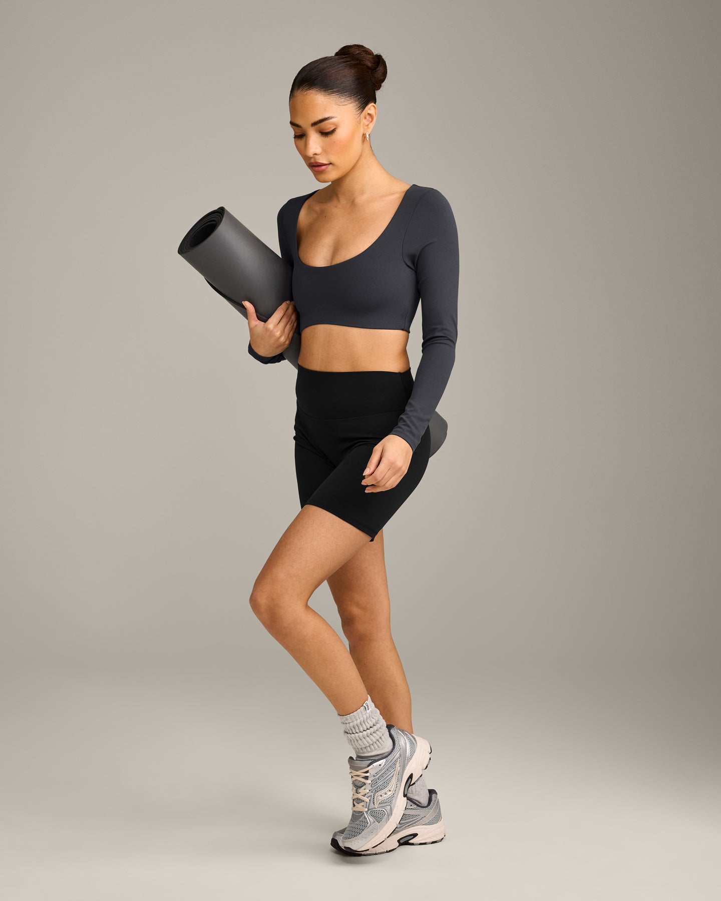 Alternative view of SoftMotion Scoop Neck Long Sleeve Crop Top with Built in Bra Shelf with Grey Logo | Coal