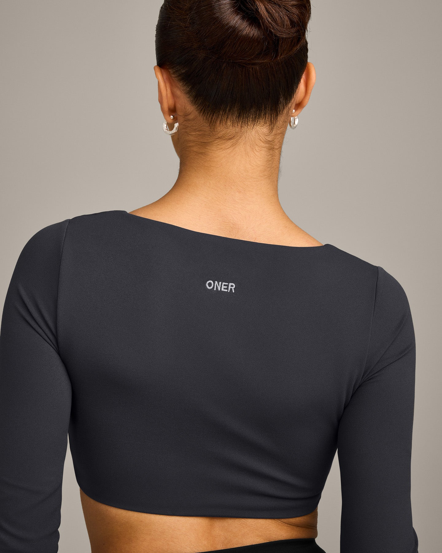 SoftMotion Scoop Neck Long Sleeve Crop Top with Built in Bra Shelf with Grey Logo | Coal - Image 4