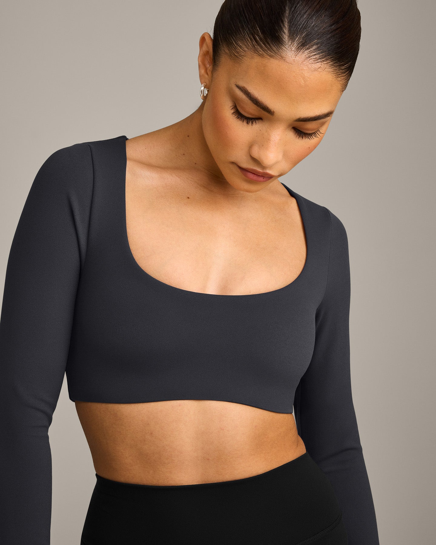 SoftMotion Scoop Neck Long Sleeve Crop Top with Built in Bra Shelf with Grey Logo | Coal - Image 5