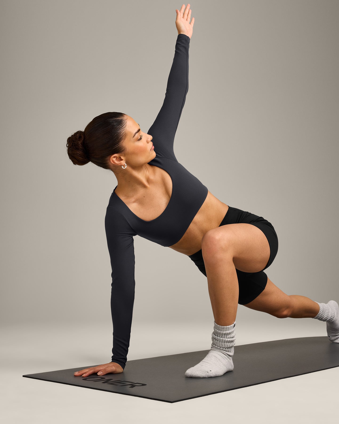 SoftMotion Scoop Neck Long Sleeve Crop Top with Built in Bra Shelf with Grey Logo | Coal - Image 3