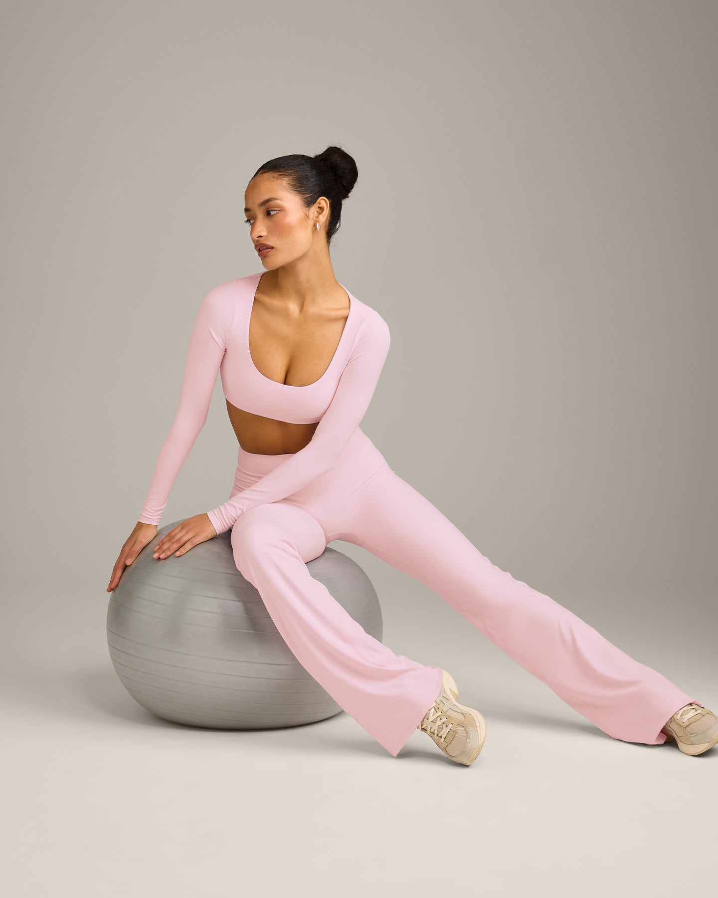 SoftMotion Scoop Neck Long Sleeve Crop Top with Built in Bra Shelf with Grey Logo | Soft Girl Pink - Image 3