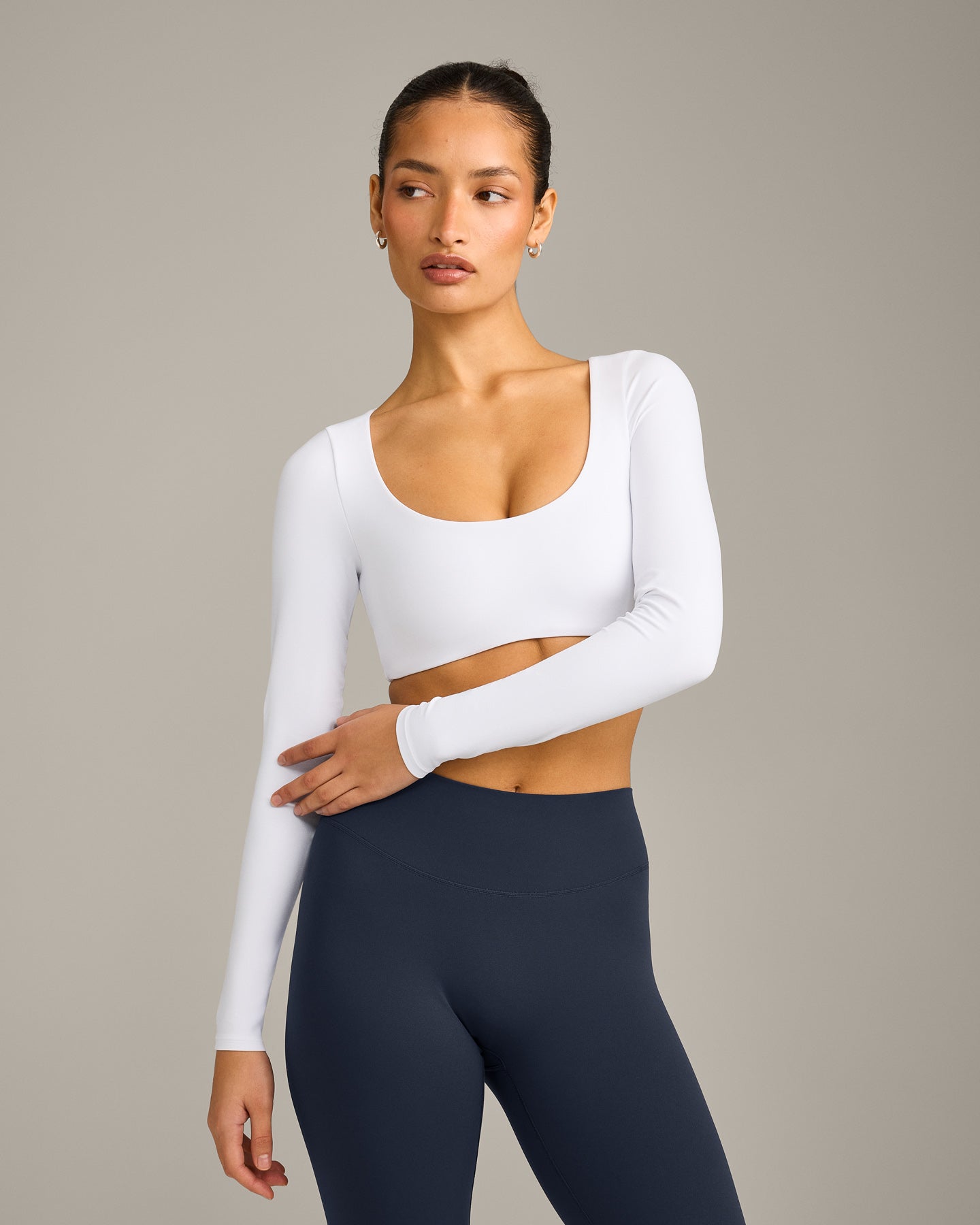 SoftMotion Scoop Neck Long Sleeve Crop Top with Built in Bra Shelf with Grey Logo | White