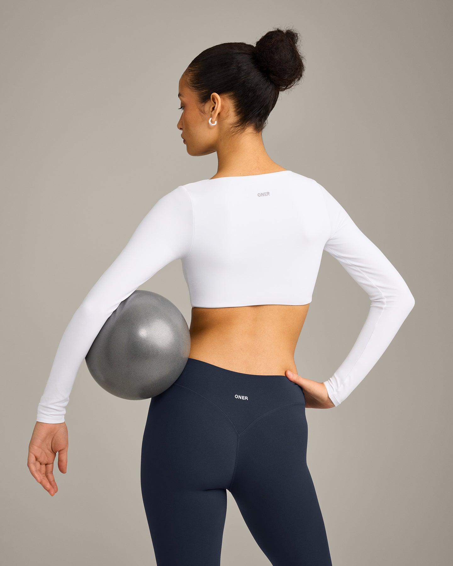 SoftMotion Scoop Neck Long Sleeve Crop Top with Built in Bra Shelf with Grey Logo | White - Image 5