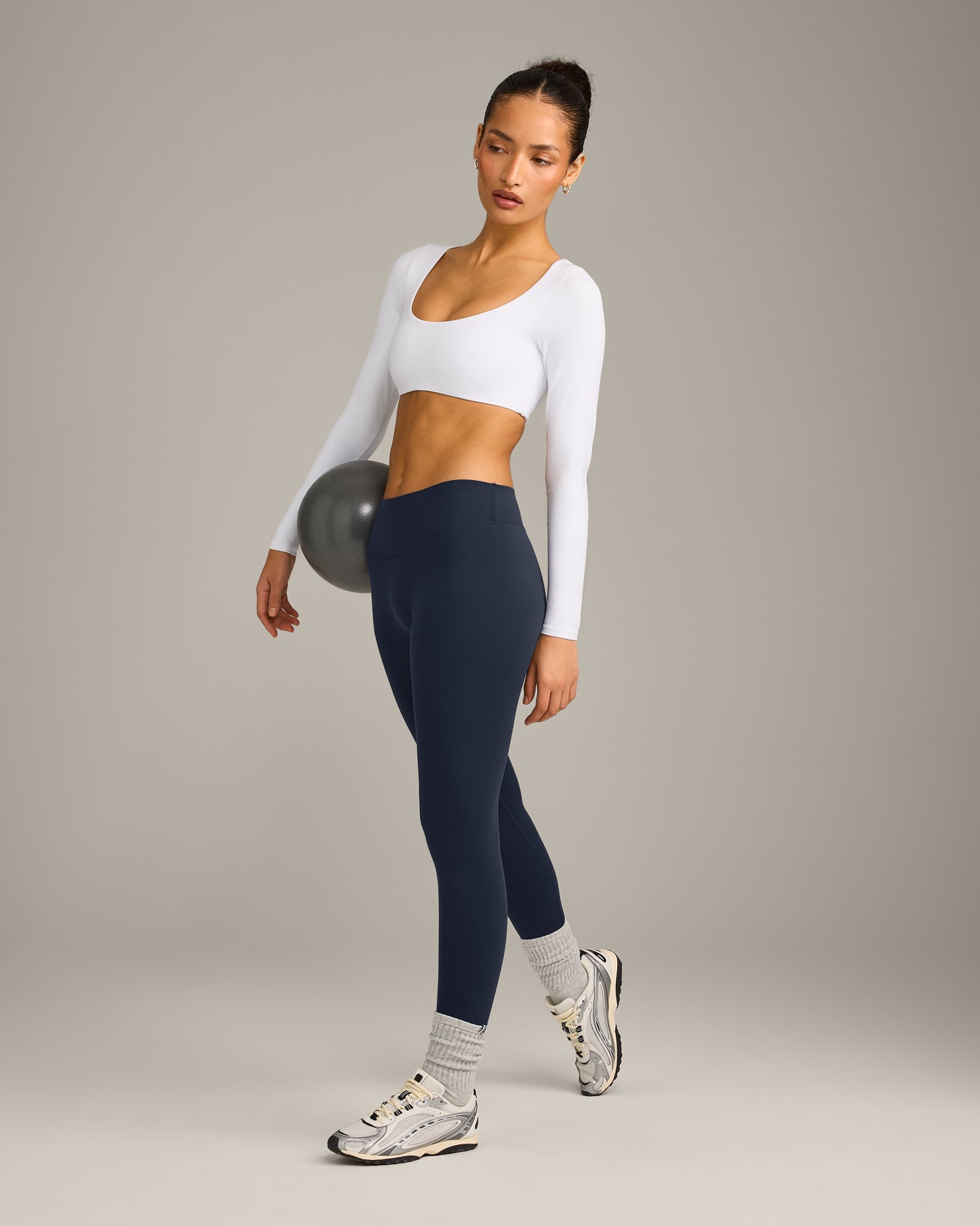 SoftMotion Scoop Neck Long Sleeve Crop Top with Built in Bra Shelf with Grey Logo | White - Image 3