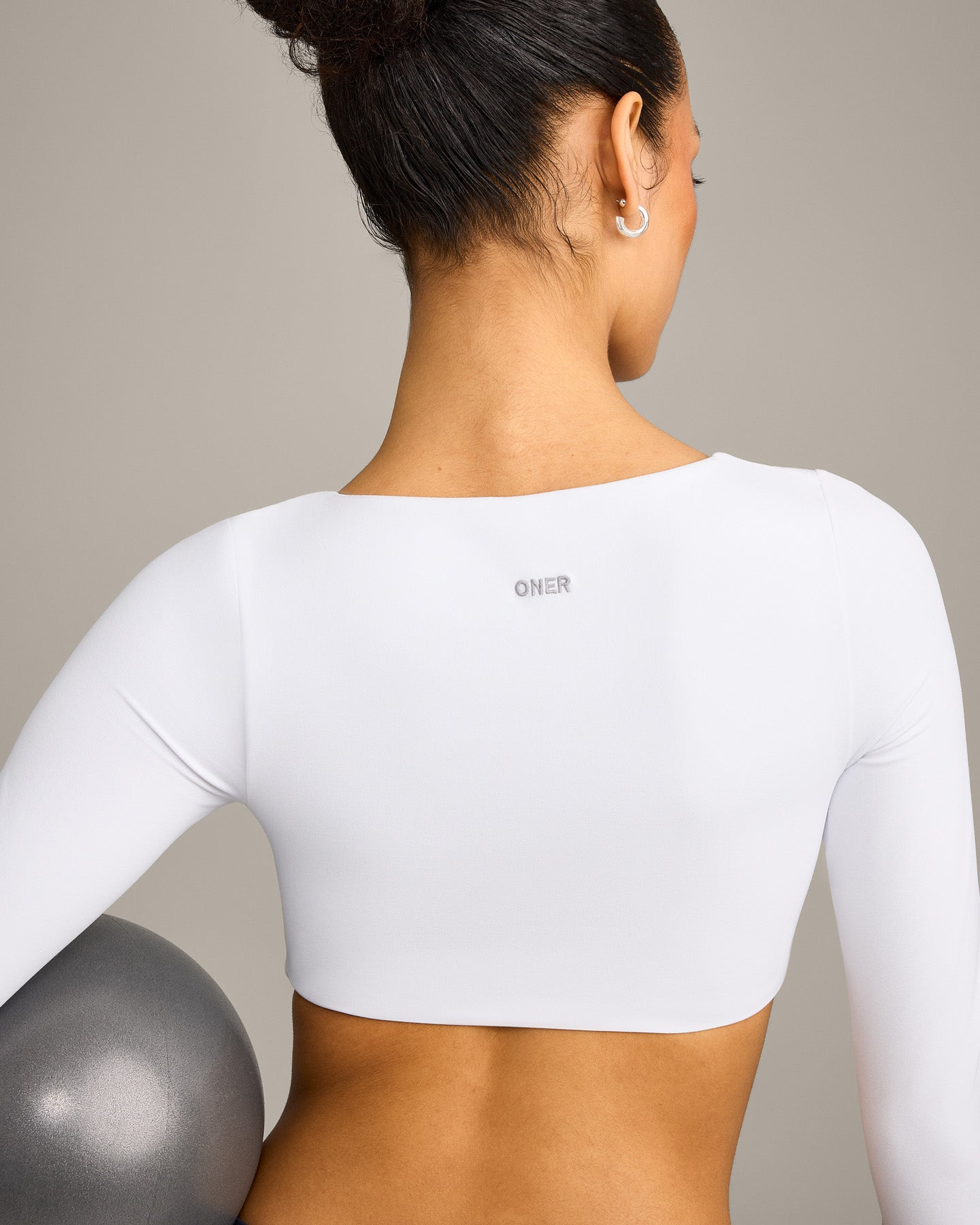 SoftMotion Scoop Neck Long Sleeve Crop Top with Built in Bra Shelf with Grey Logo | White - Image 4