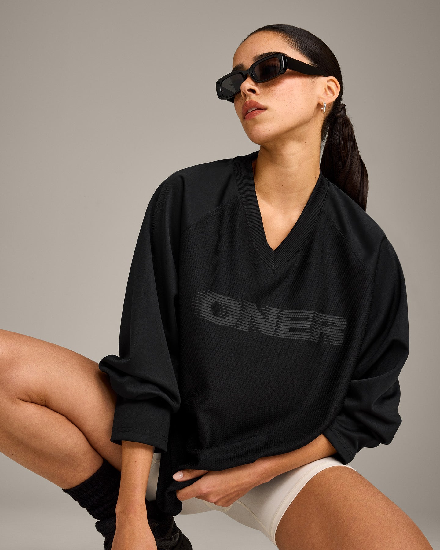 Oversized V Neck Long Sleeve T-Shirt with Oner Graphic | Black - Image 5