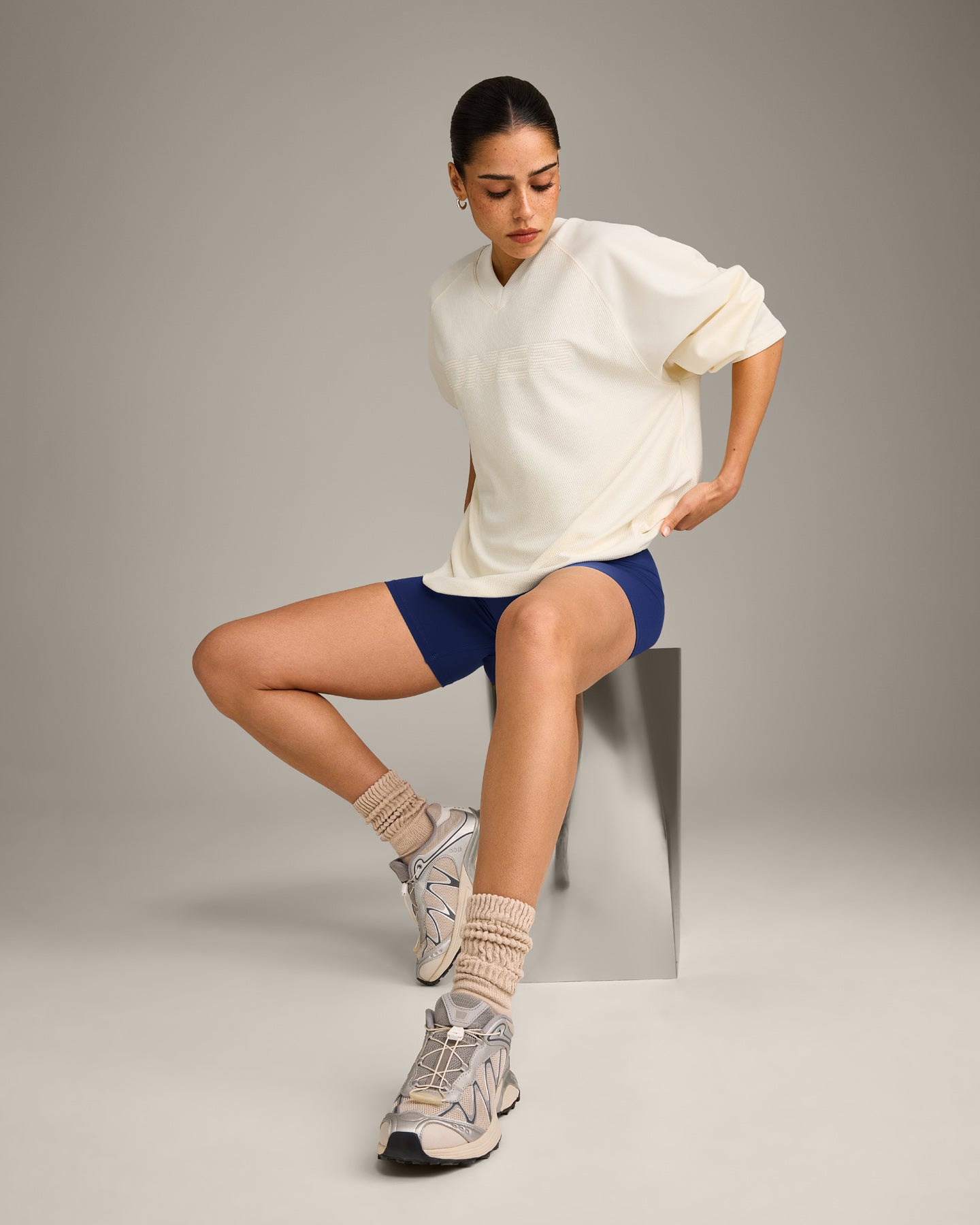 Oversized V Neck Long Sleeve T-Shirt with Oner Graphic | Off White - Image 3
