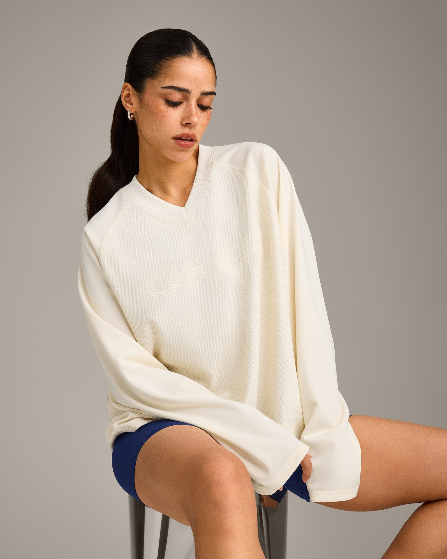 Oversized V Neck Long Sleeve T-Shirt with Oner Graphic | Off White - Image 4