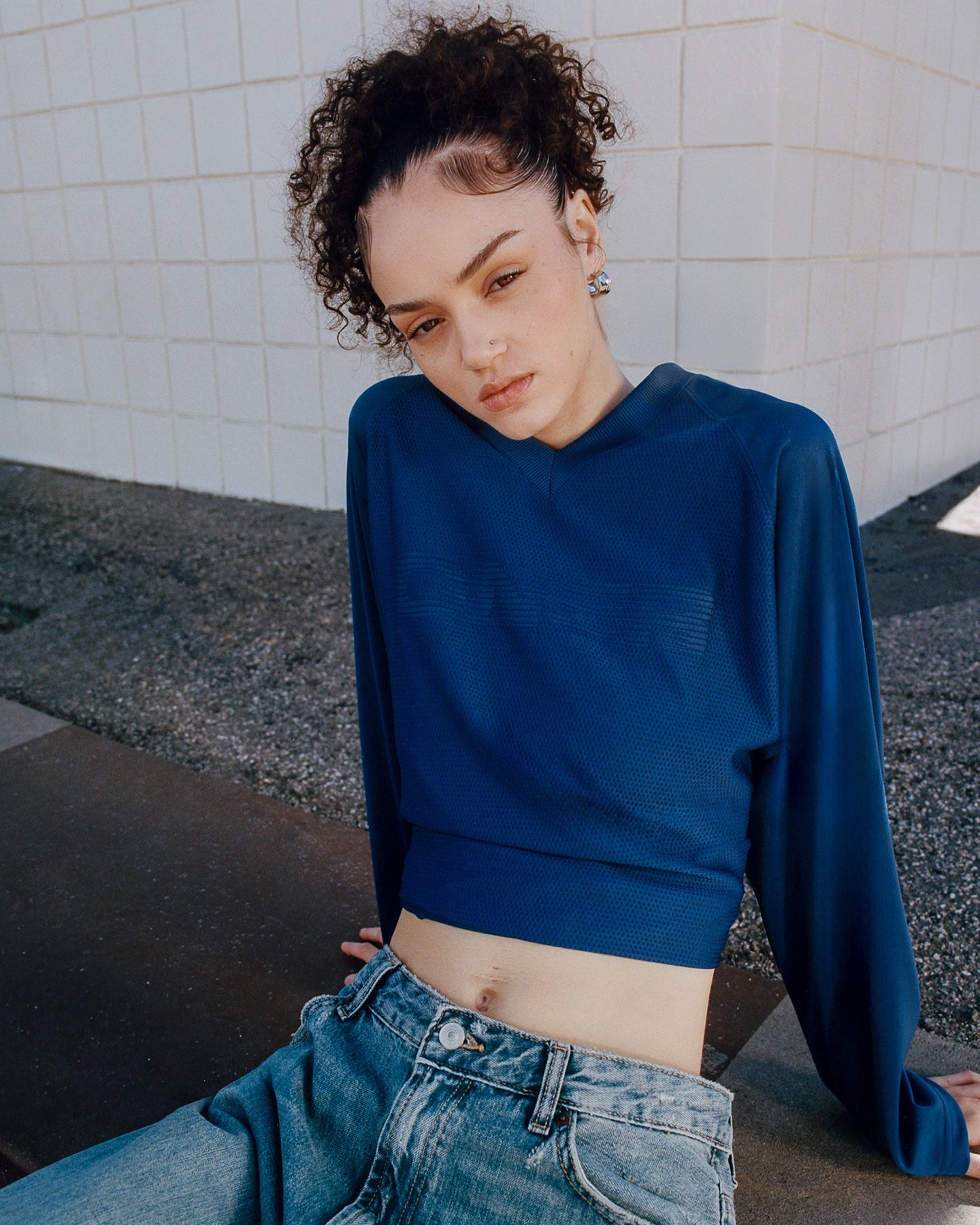 Oversized V Neck Long Sleeve T-Shirt with Oner Graphic | Varsity Blue - Image 2