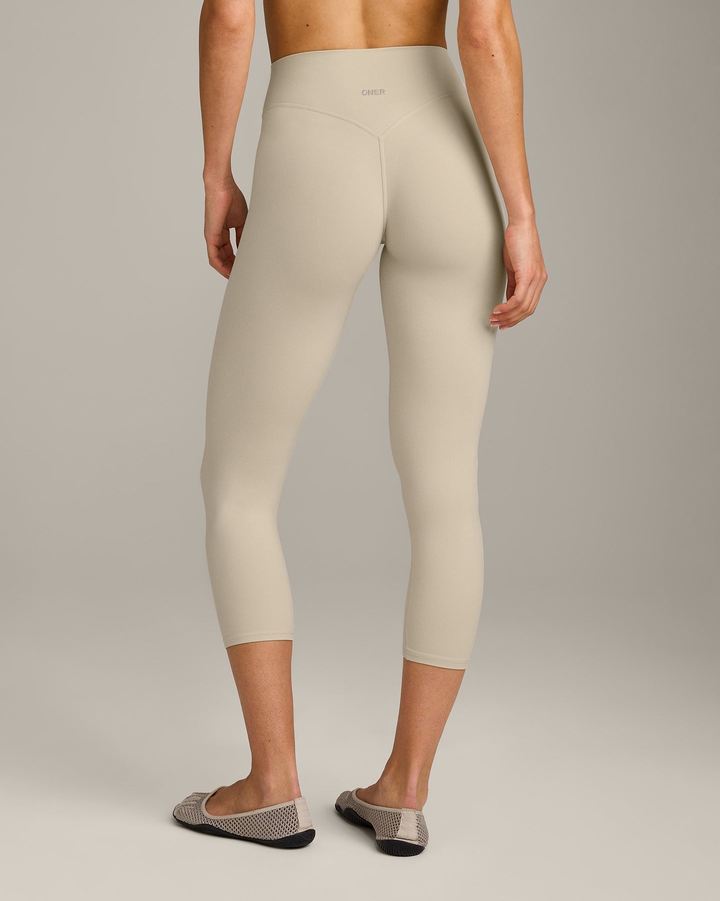 SoftMotion 3/4 Length Leggings with Grey Logo | Oatmeal