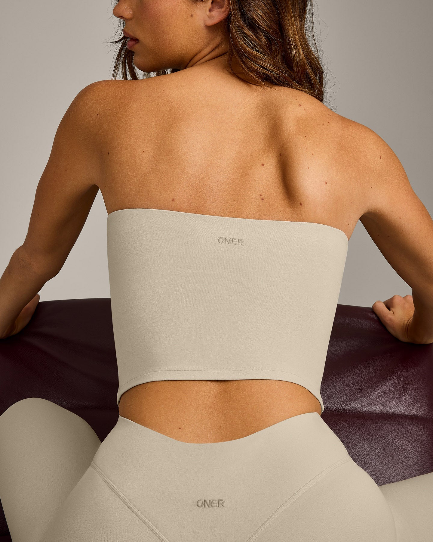 SoftMotion Bandeau Mid Vest with Built in Bra Shelf with Grey Logo | Oatmeal - Image 5