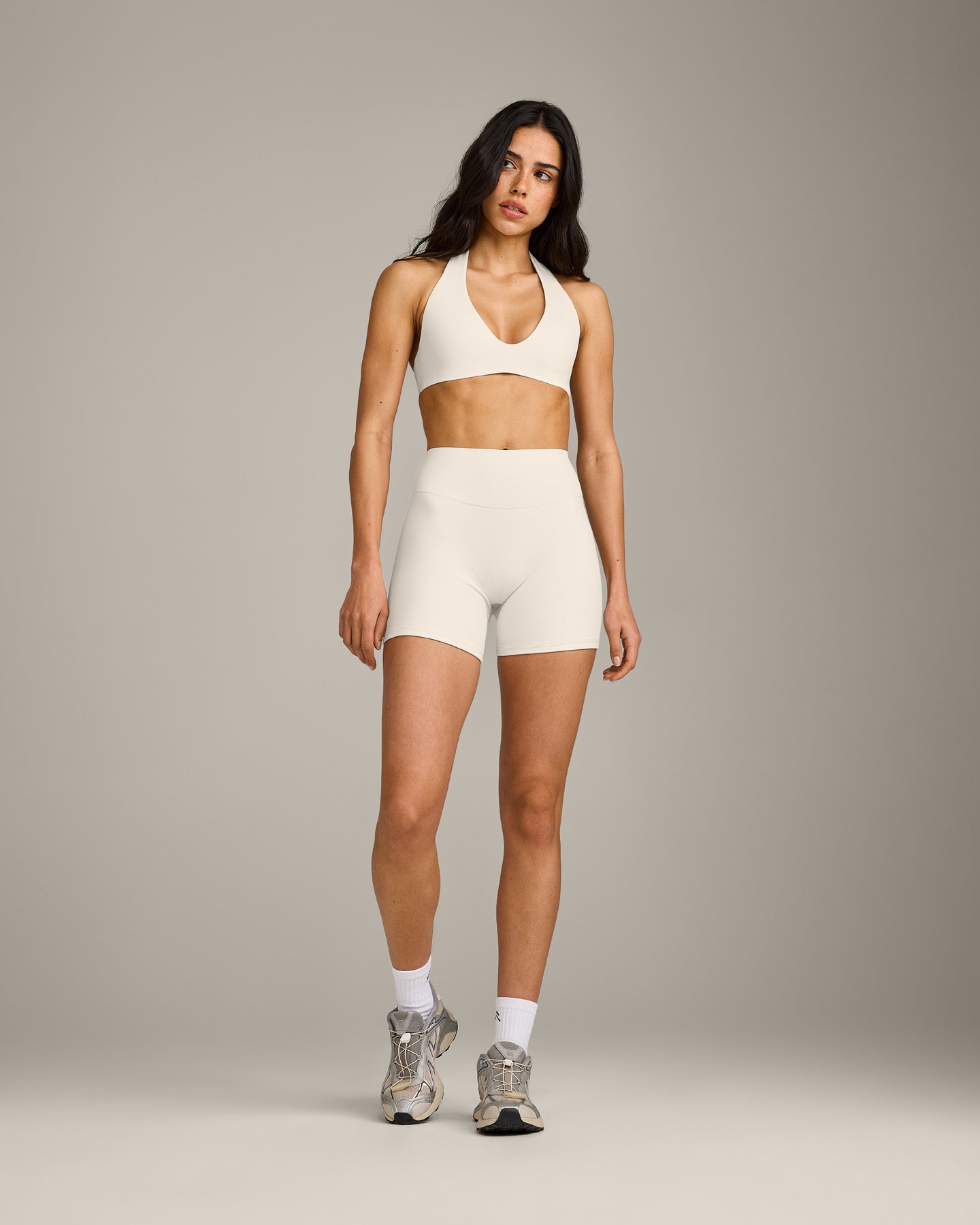 SoftMotion Double Layer High Waisted Shorts 6" with Grey Logo | Marshmallow White - Image 3