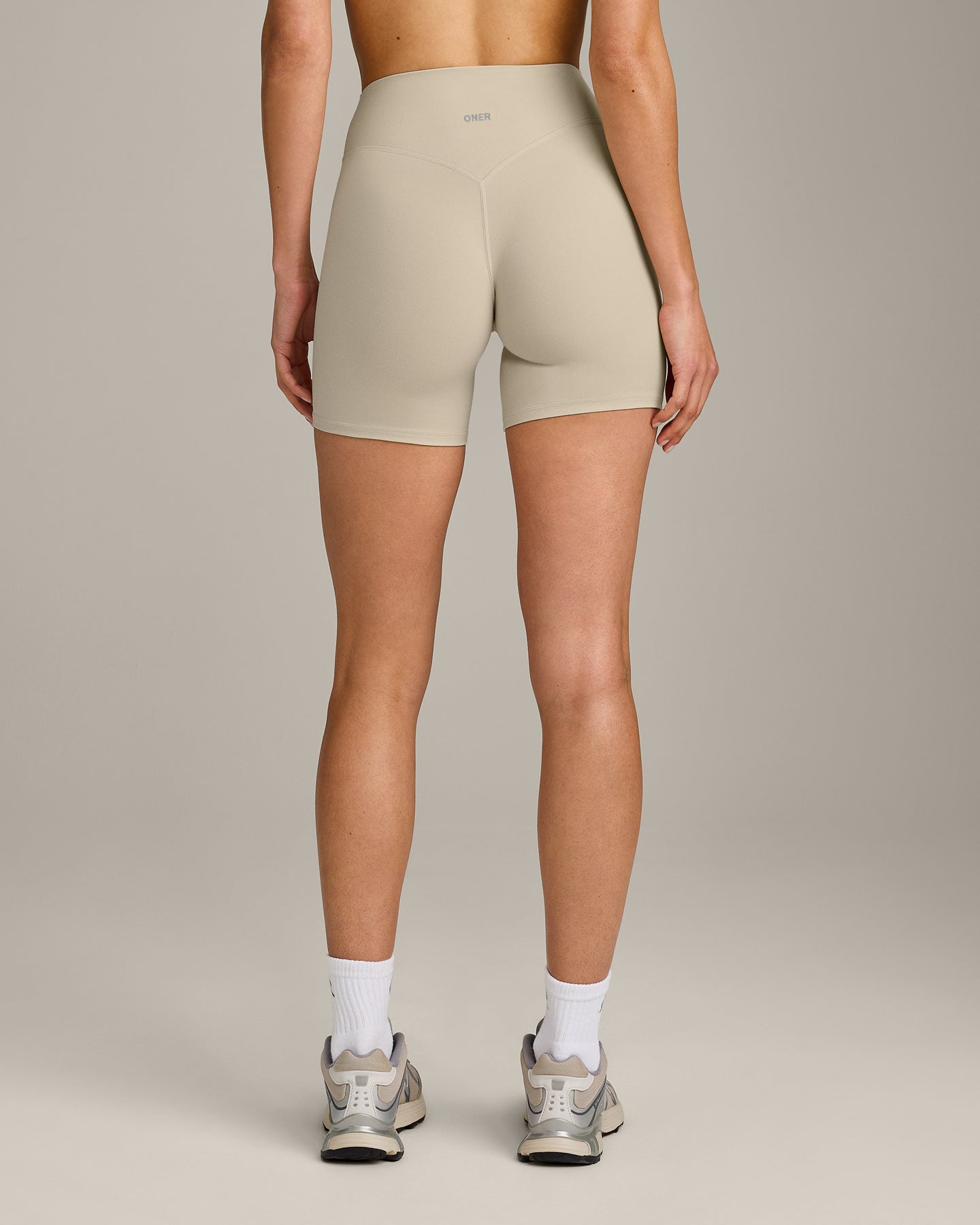 SoftMotion High Waisted Shorts 6" with Grey Logo | Oatmeal
