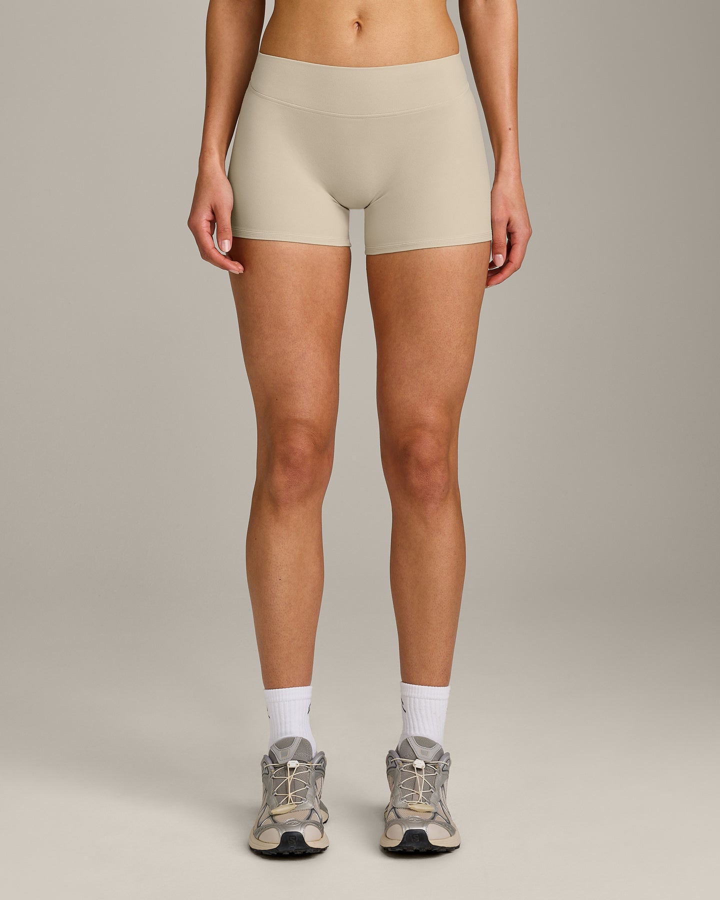 SoftMotion Mid Rise Shorts 4" with Grey Logo | Oatmeal - Image 6