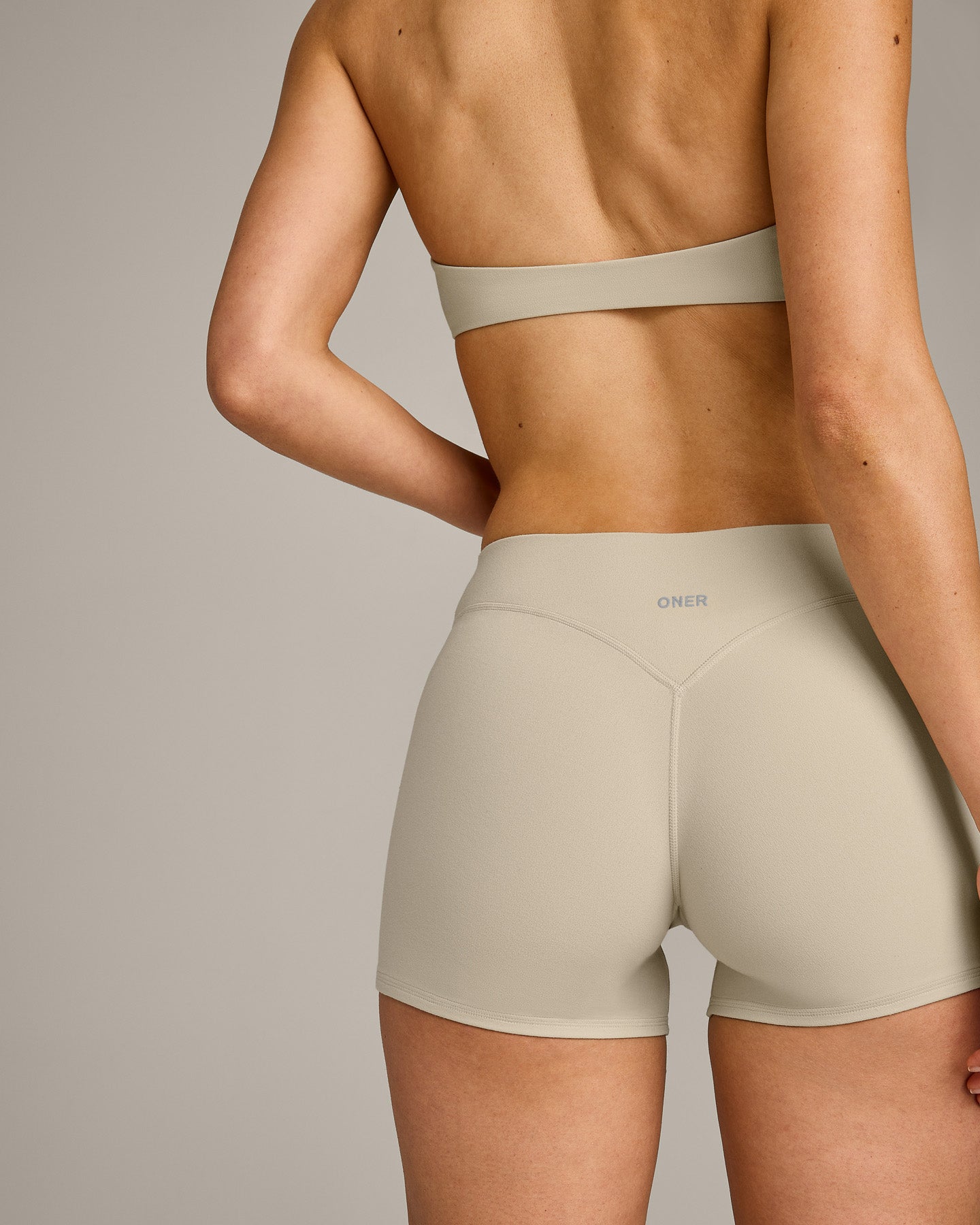 SoftMotion Mid Rise Shorts 4" with Grey Logo | Oatmeal - Image 5