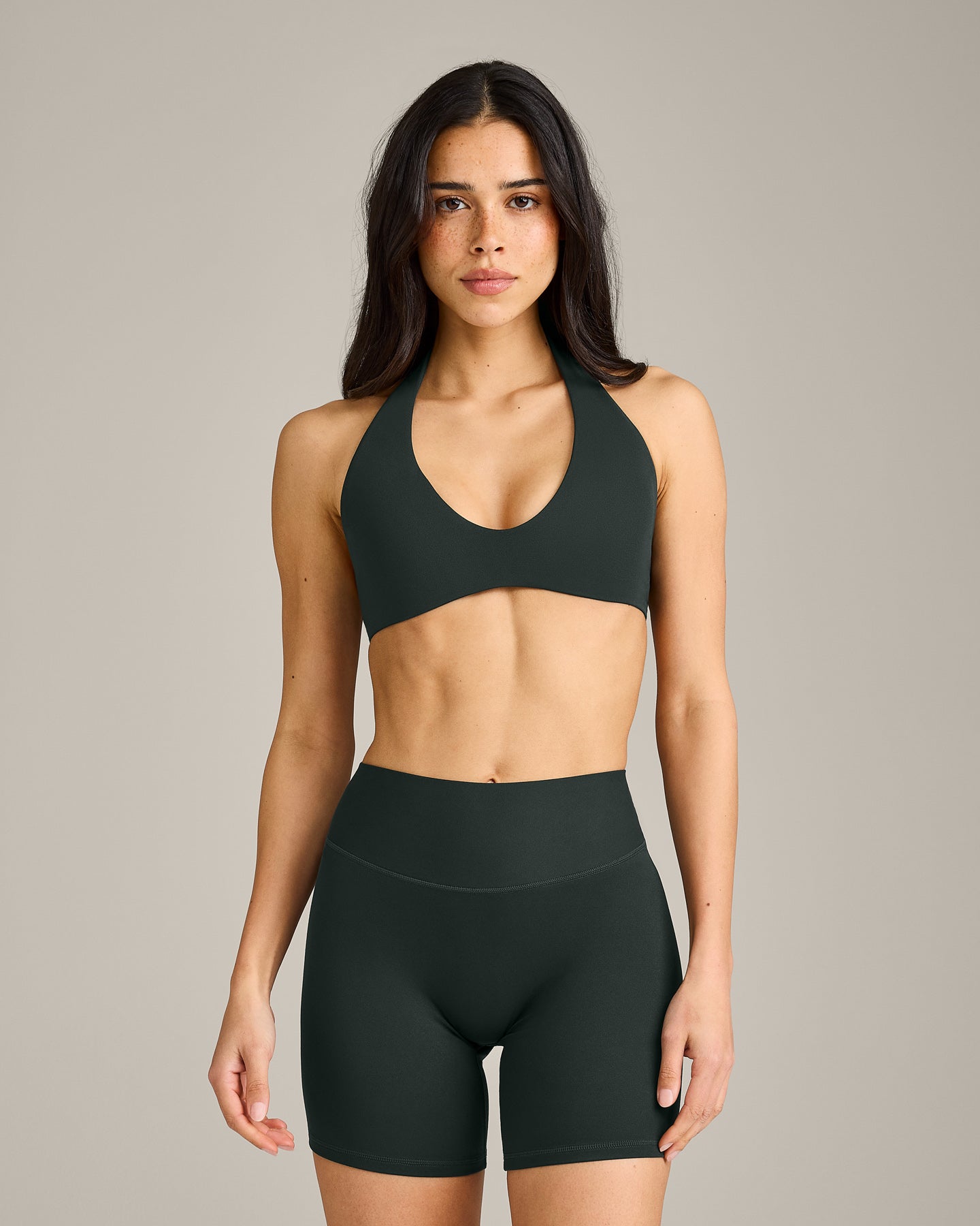 SoftMotion Minimal Halter Neck Bralette with Grey Logo | Emerald Noir