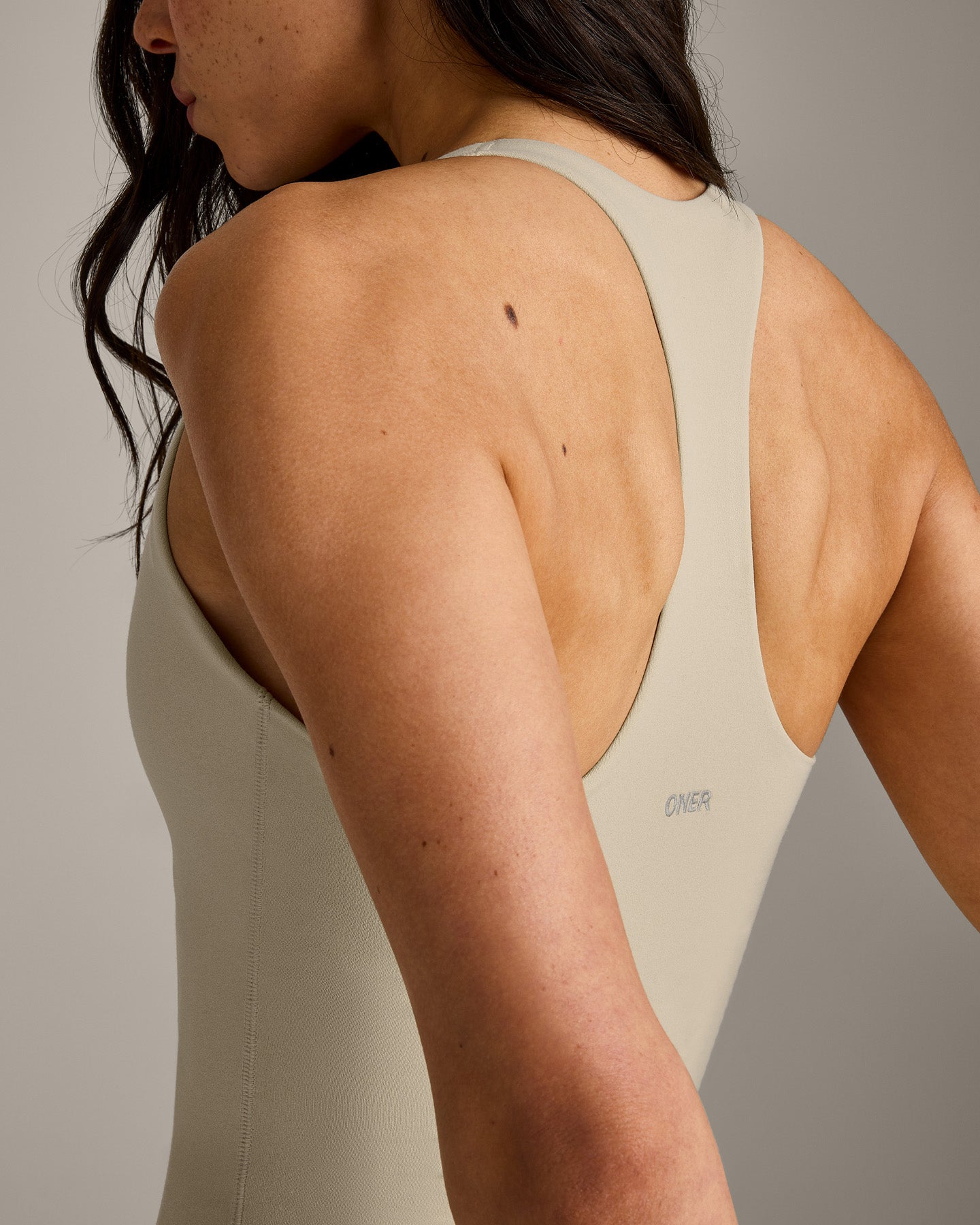 SoftMotion Racer Back Dress with Built in Shorts with Grey Logo | Oatmeal - Image 4