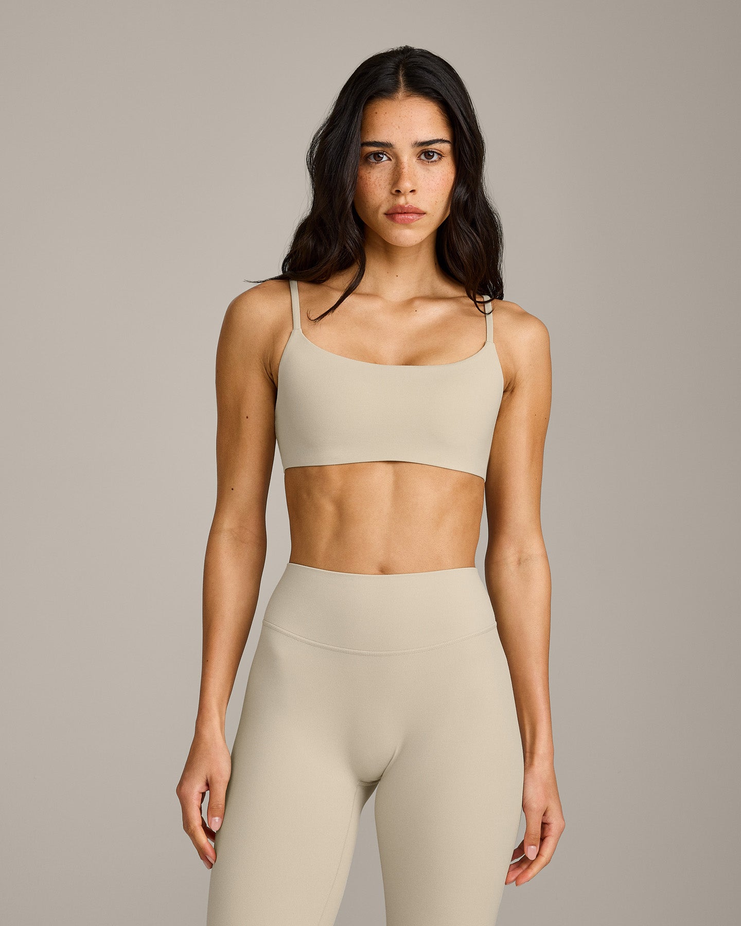 SoftMotion Strappy Sports Bra with Grey Logo | Oatmeal