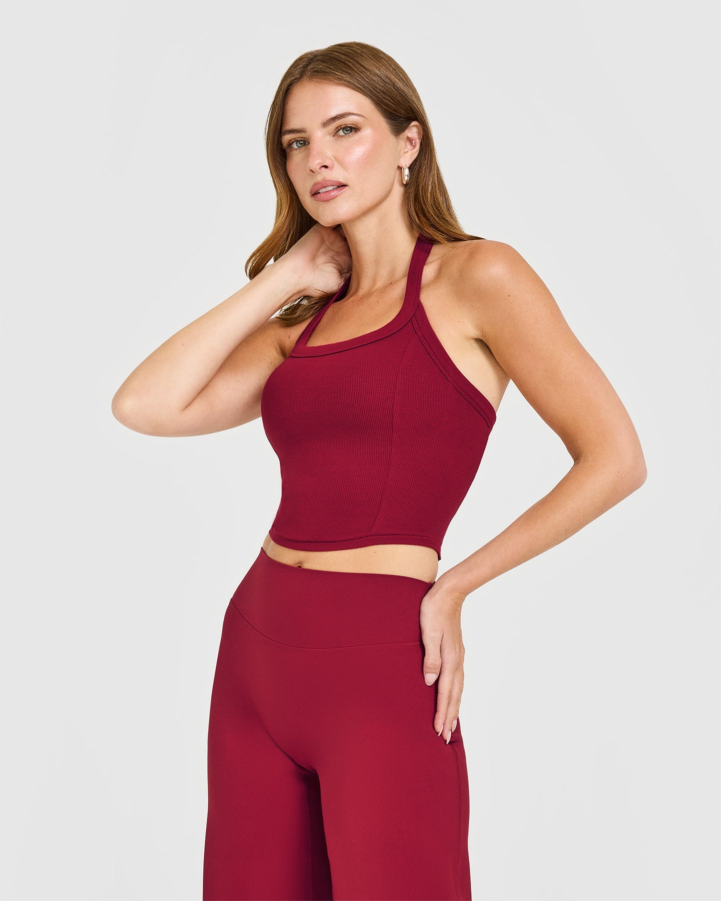 Mellow Rib Halter Neck Mid Vest with Built in Bra Shelf | Ruby Red
