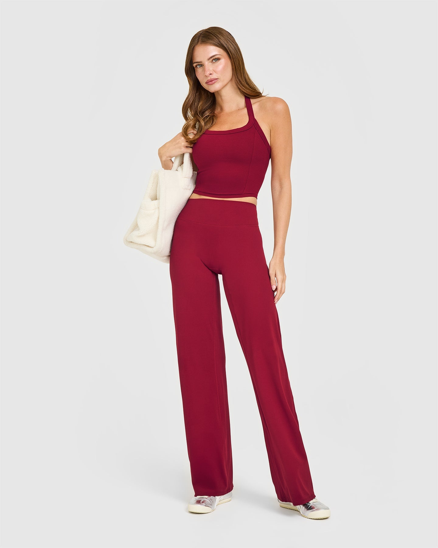 Alternative view of Mellow Rib Halter Neck Mid Vest with Built in Bra Shelf | Ruby Red