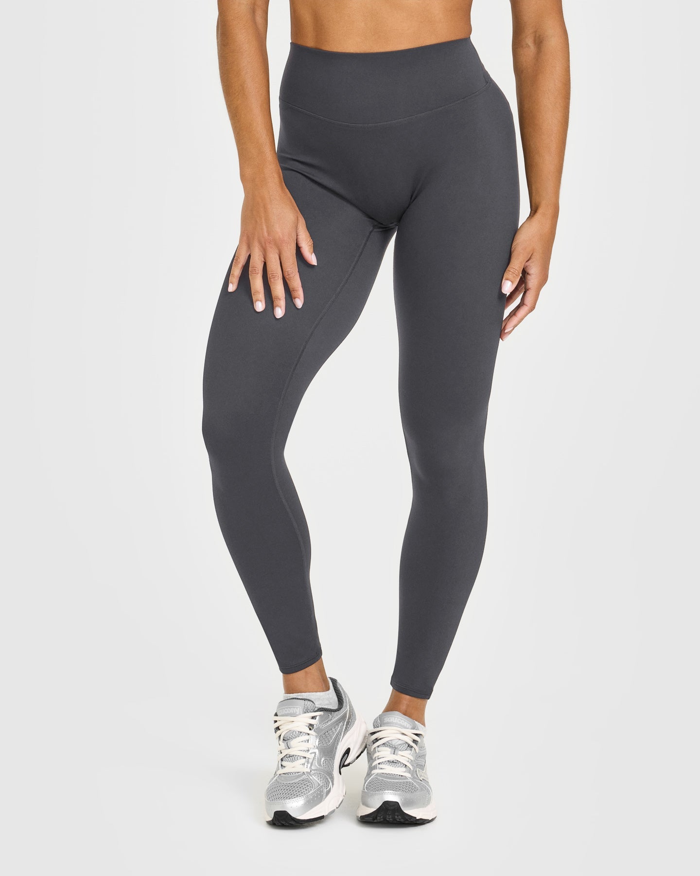 SoftMotion High Waisted Leggings with White Logo | Coal