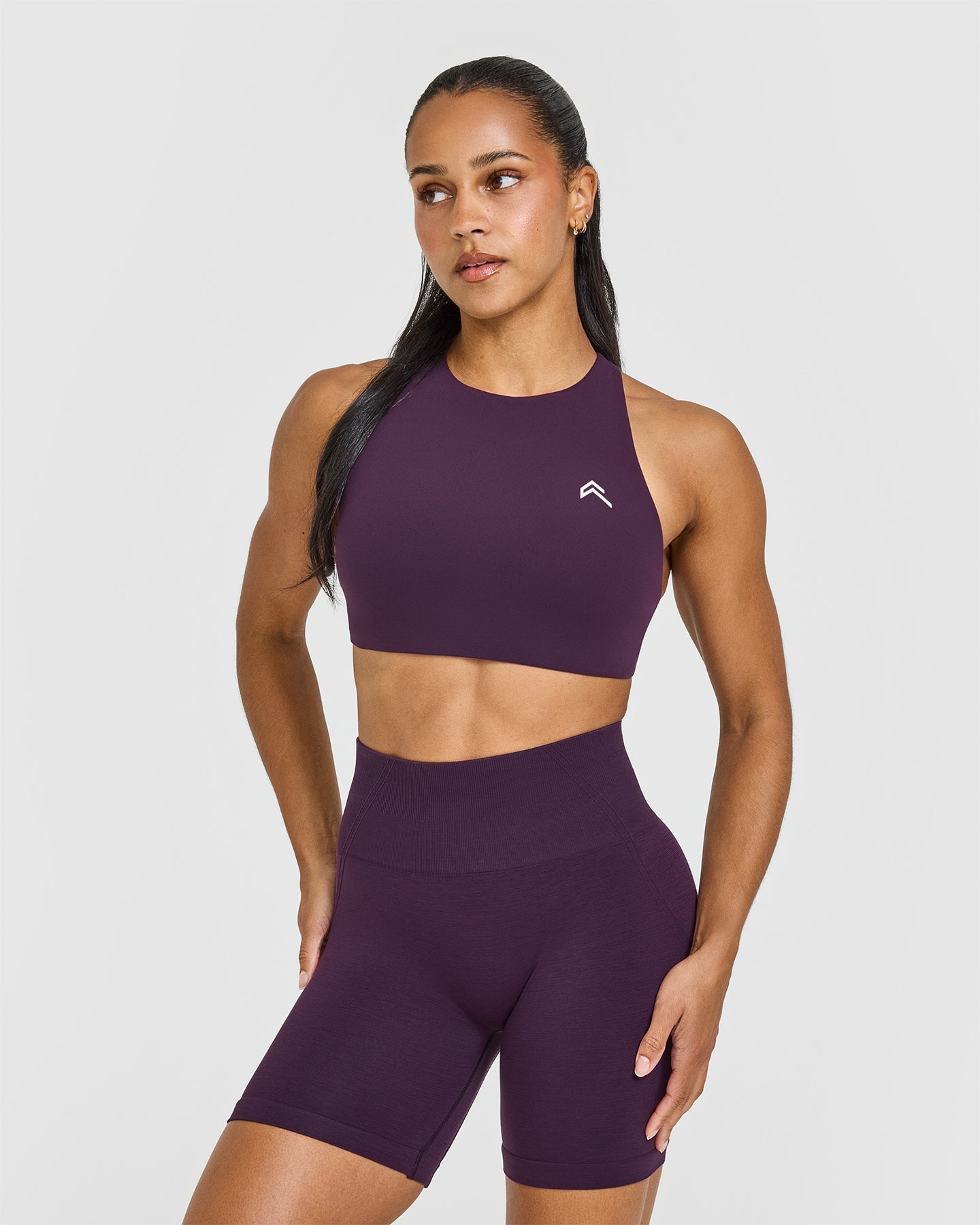 EasyLift High Neck Sports Bra with White Logo | Blackberry Purple