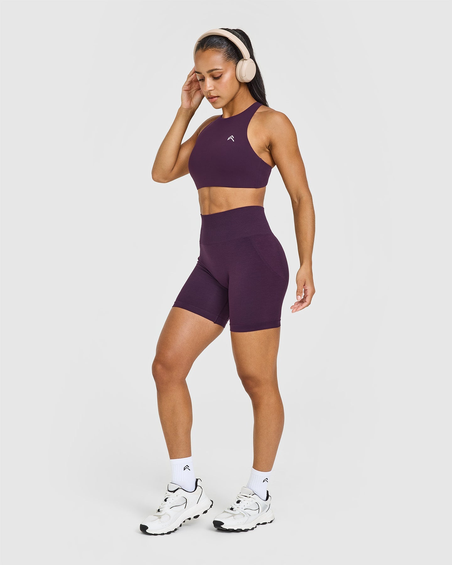 EasyLift High Neck Sports Bra with White Logo | Blackberry Purple - Image 3