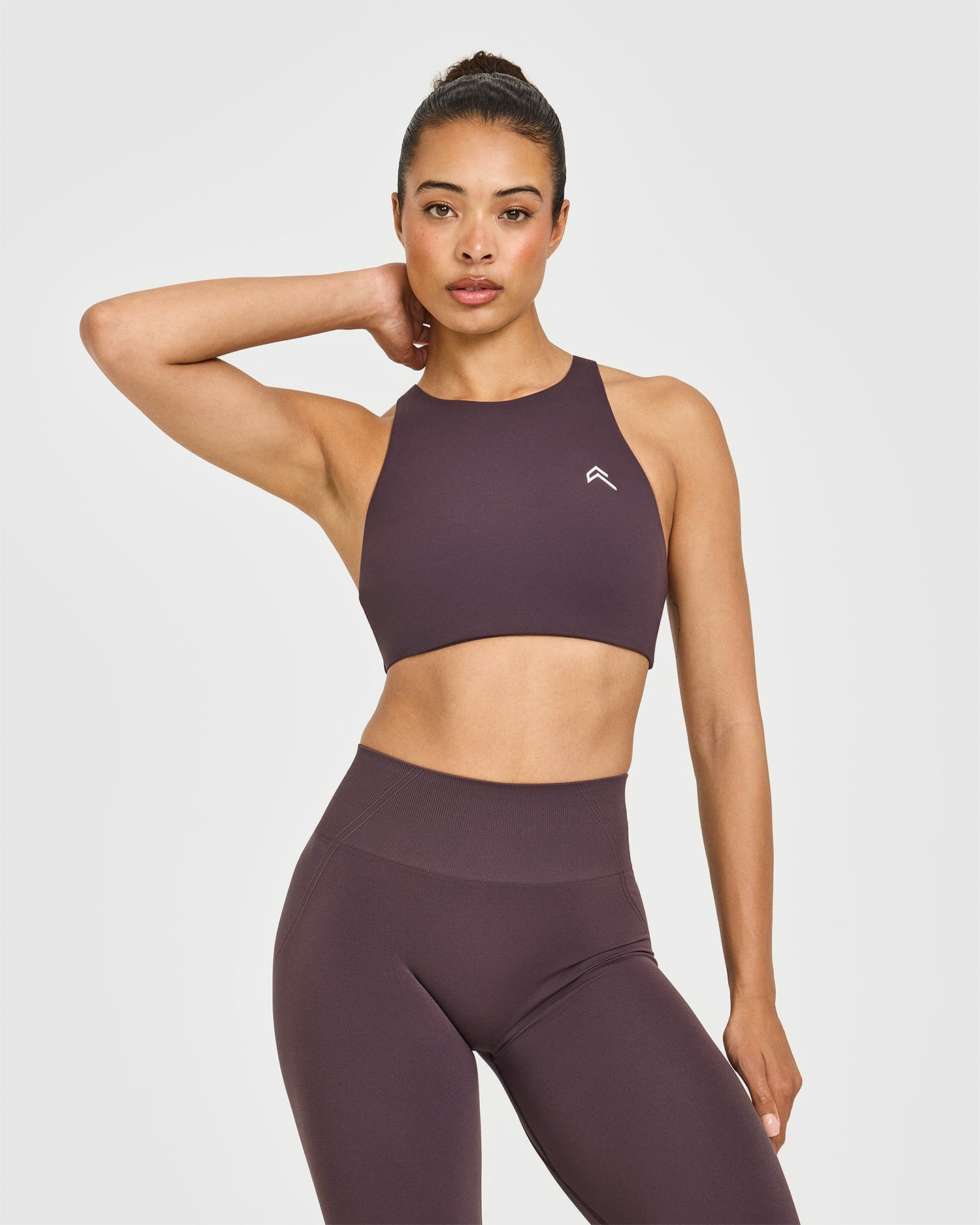 EasyLift High Neck Sports Bra with White Logo | Dark Umber Brown
