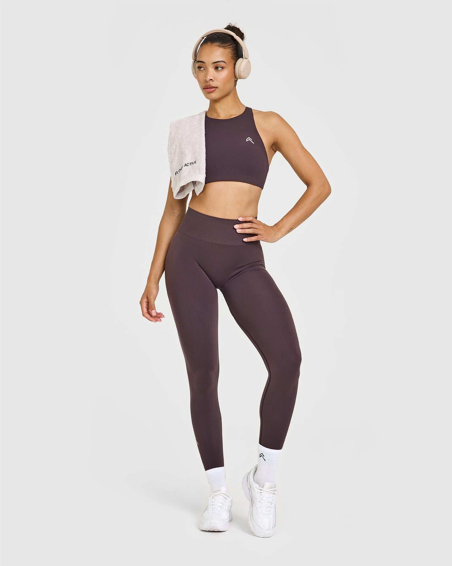 EasyLift High Neck Sports Bra with White Logo | Dark Umber Brown - Image 3