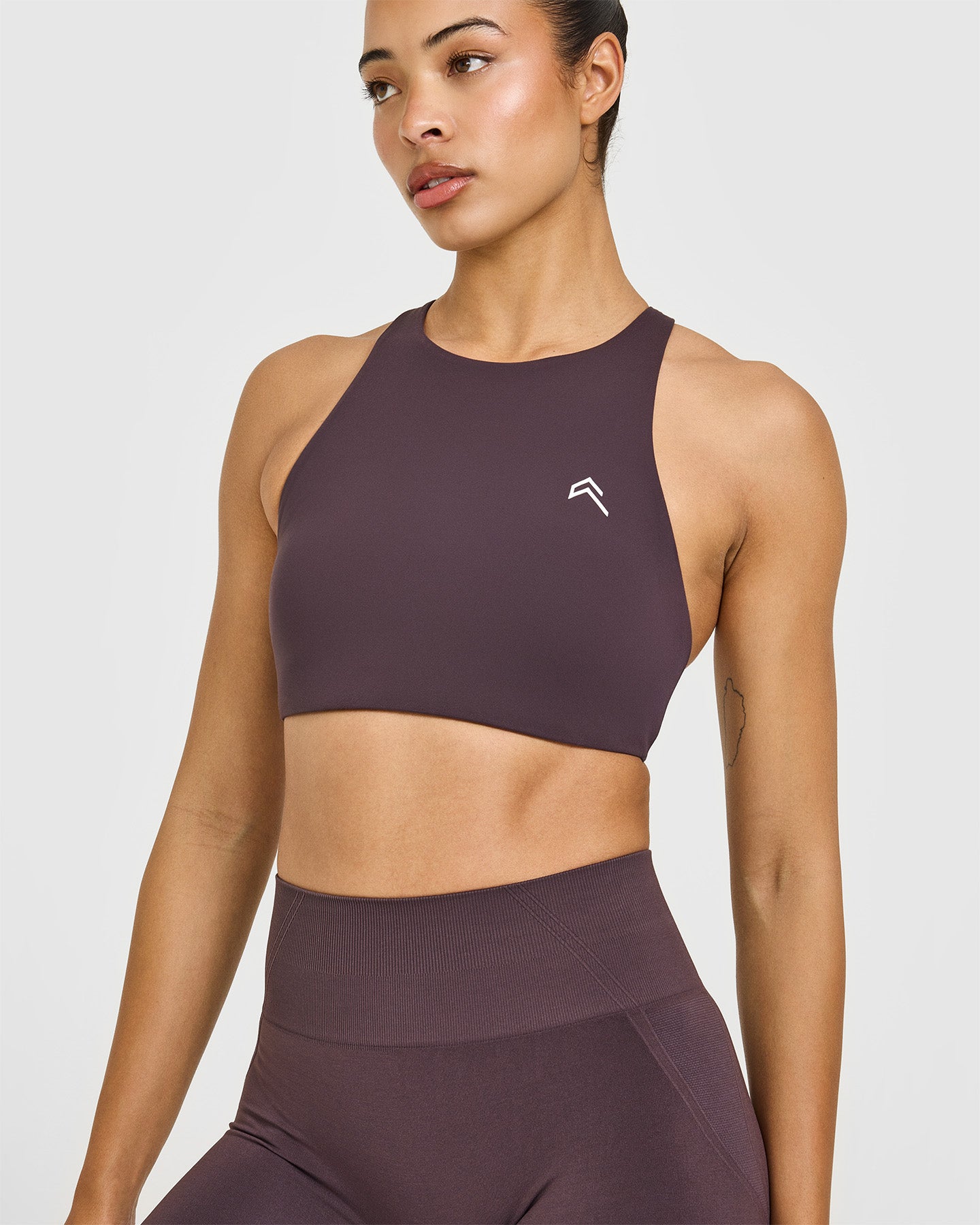 EasyLift High Neck Sports Bra with White Logo | Dark Umber Brown - Image 5