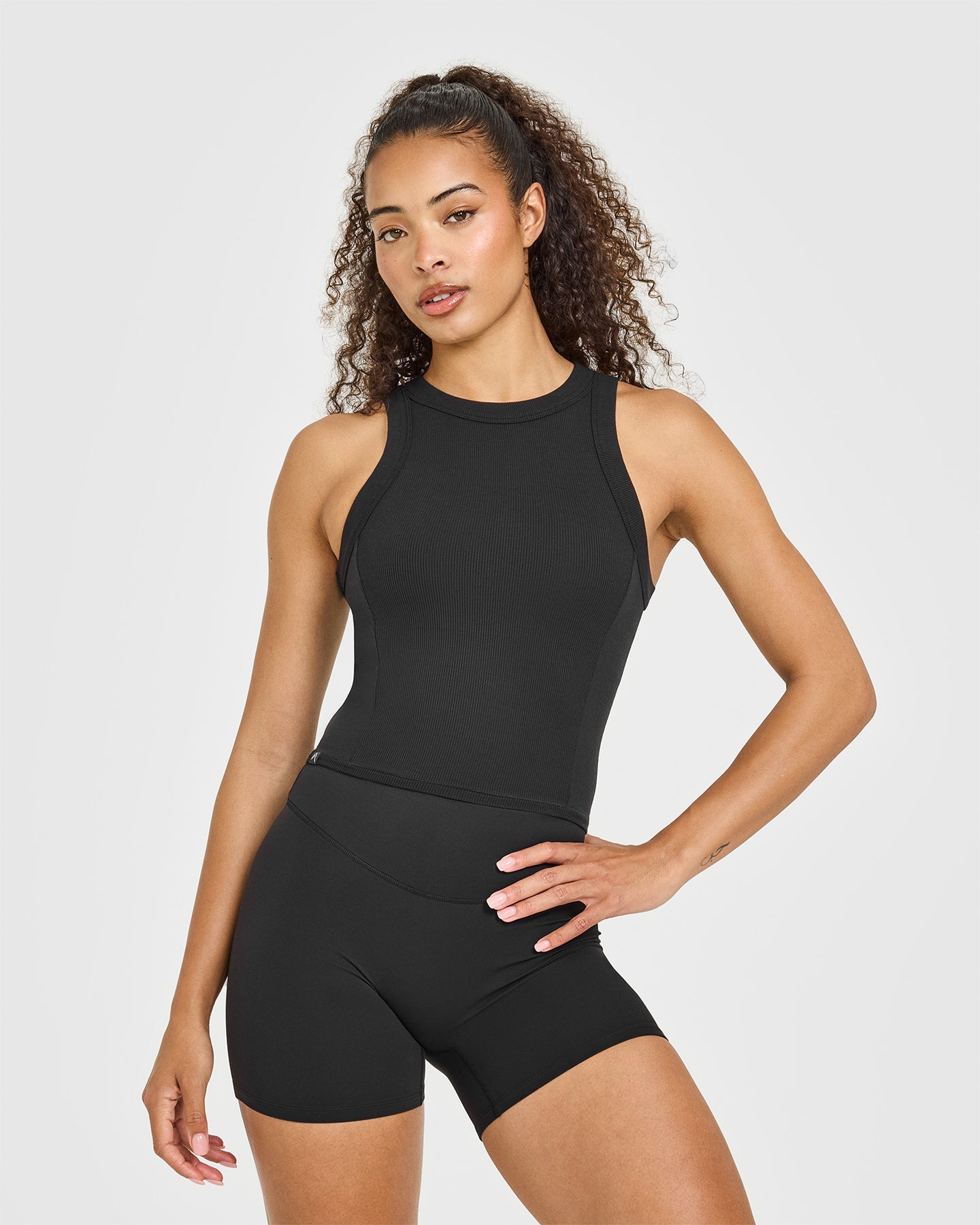 Mellow Rib High Neck Mid Tank Top | Black