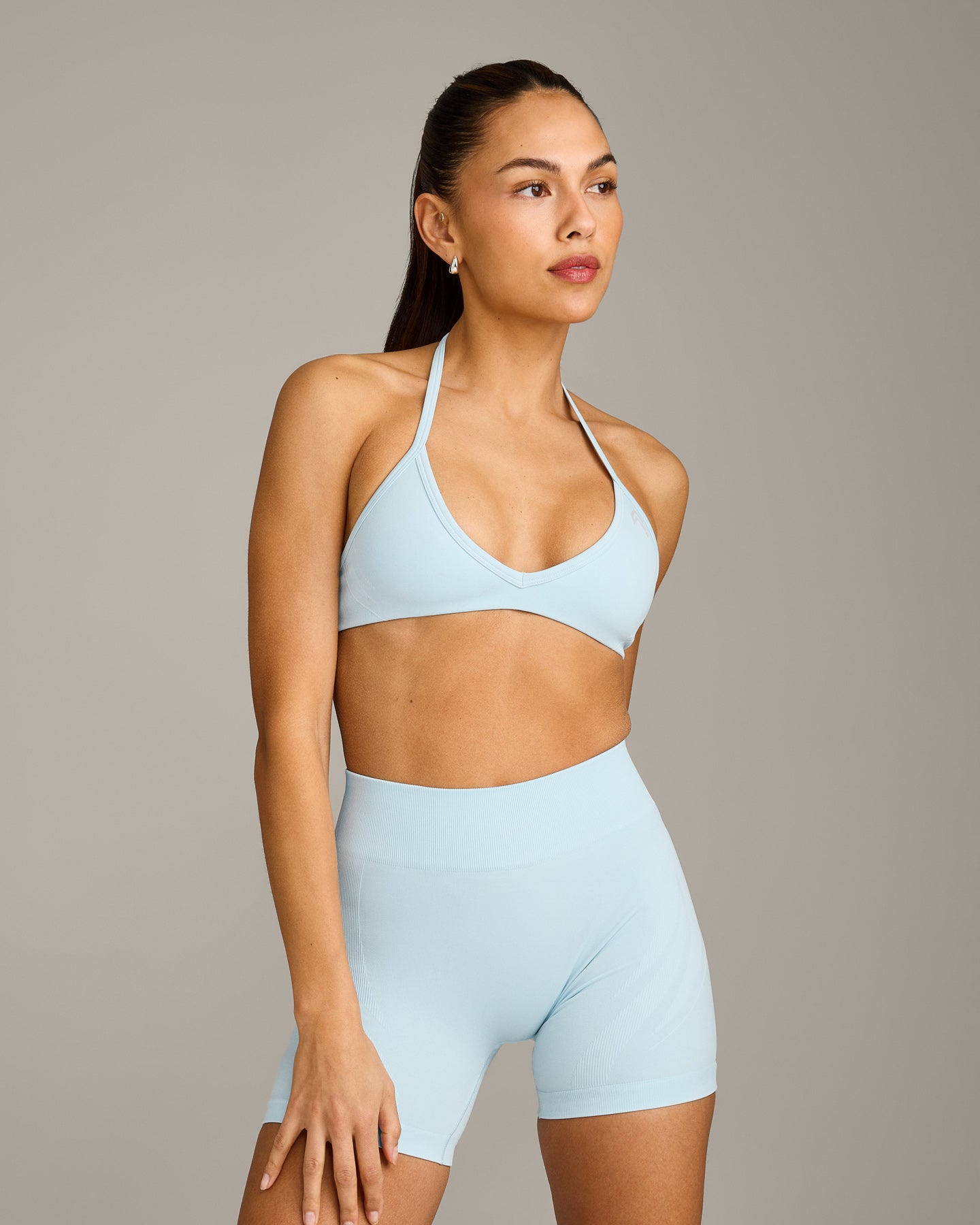 EnhanceLift Seamless Minimal Halter Neck Bralette with Grey Logo | Cloud Blue