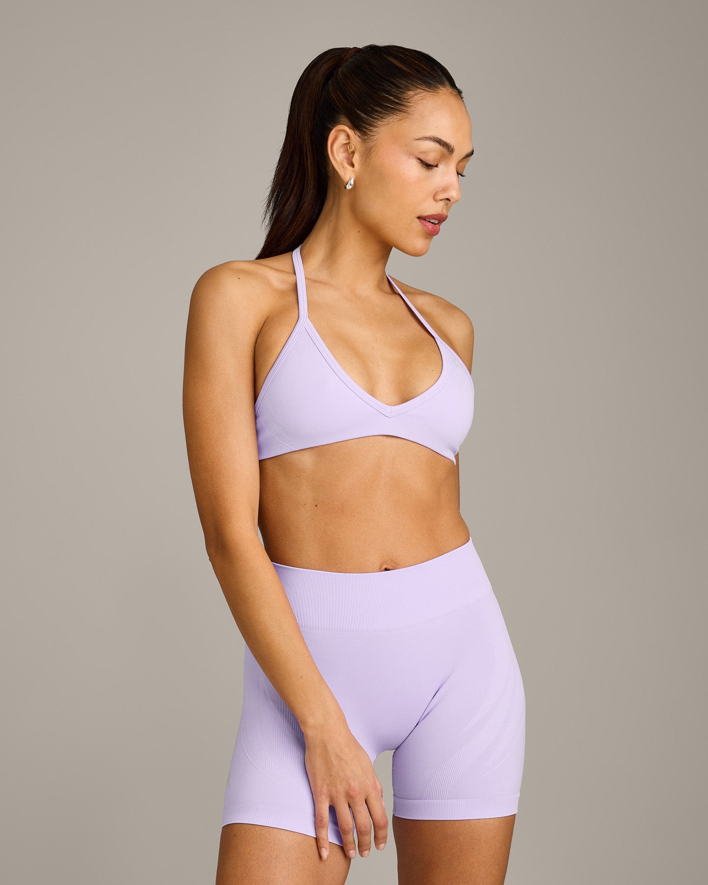 EnhanceLift Seamless Minimal Halter Neck Bralette with Grey Logo | Lavender Purple