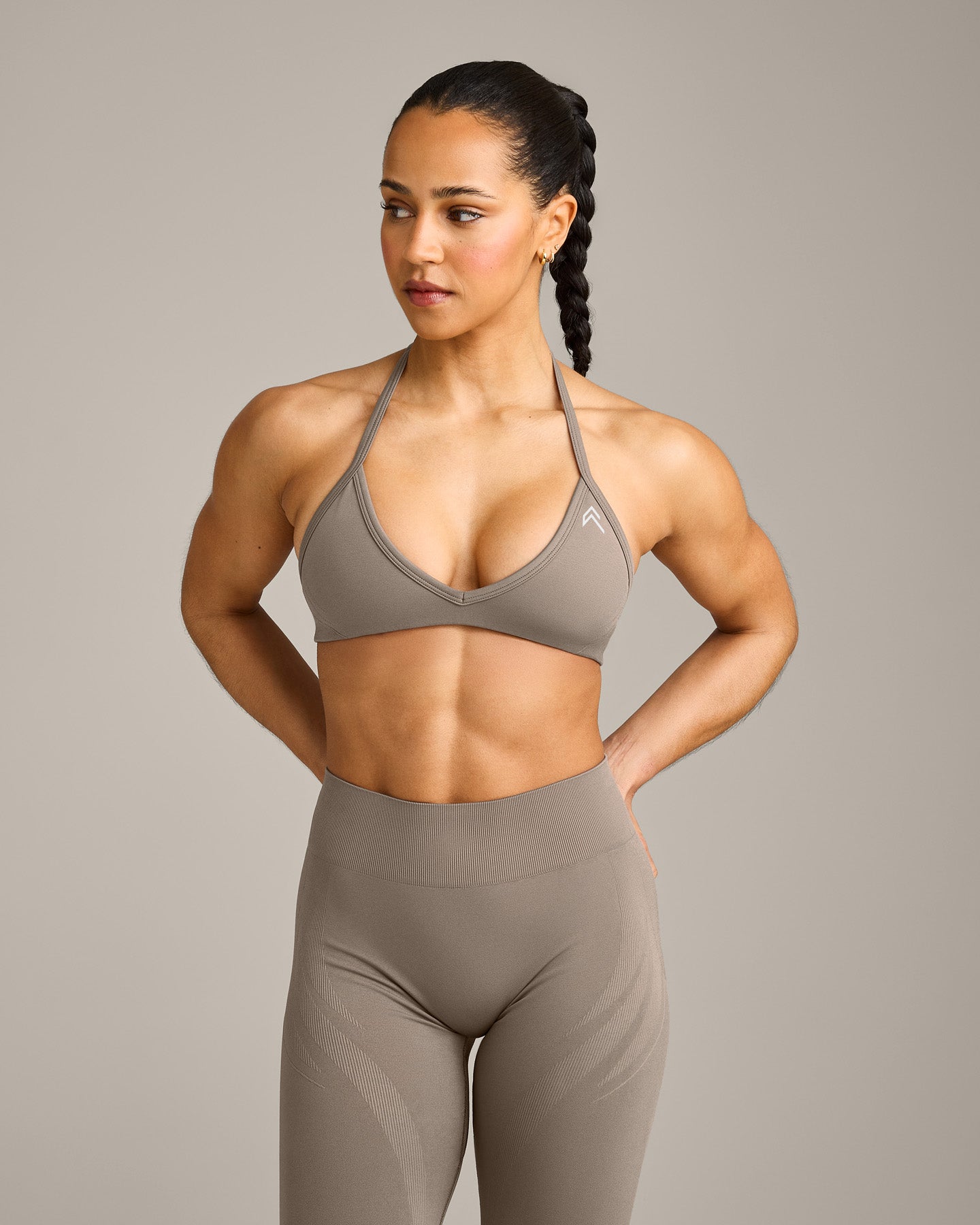 EnhanceLift Seamless Minimal Halter Neck Bralette with Grey Logo | Warm Minky