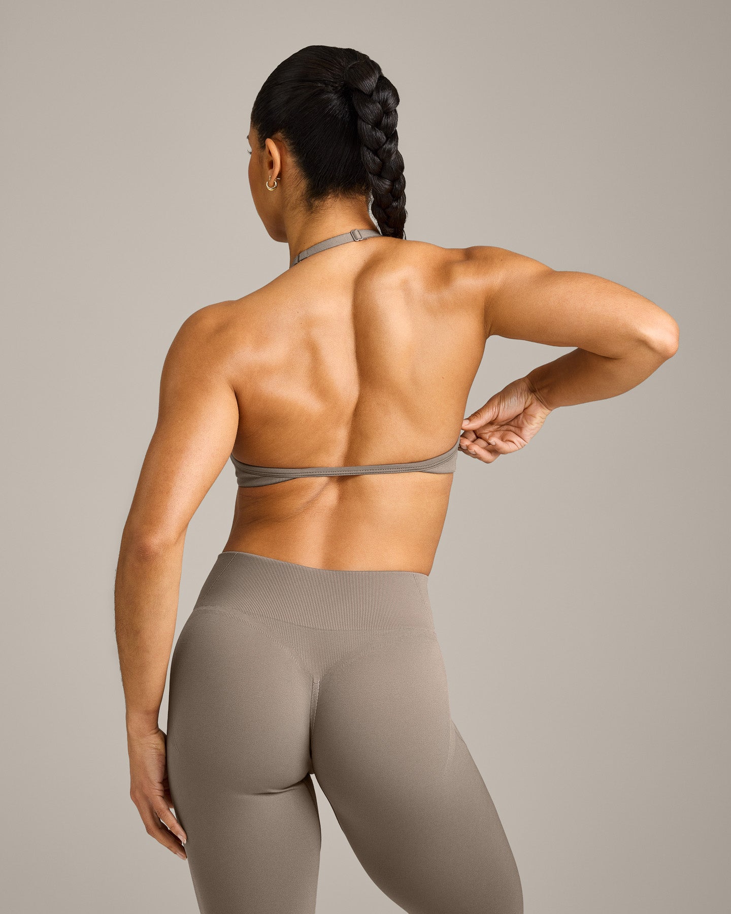 EnhanceLift Seamless Minimal Halter Neck Bralette with Grey Logo | Warm Minky - Image 6
