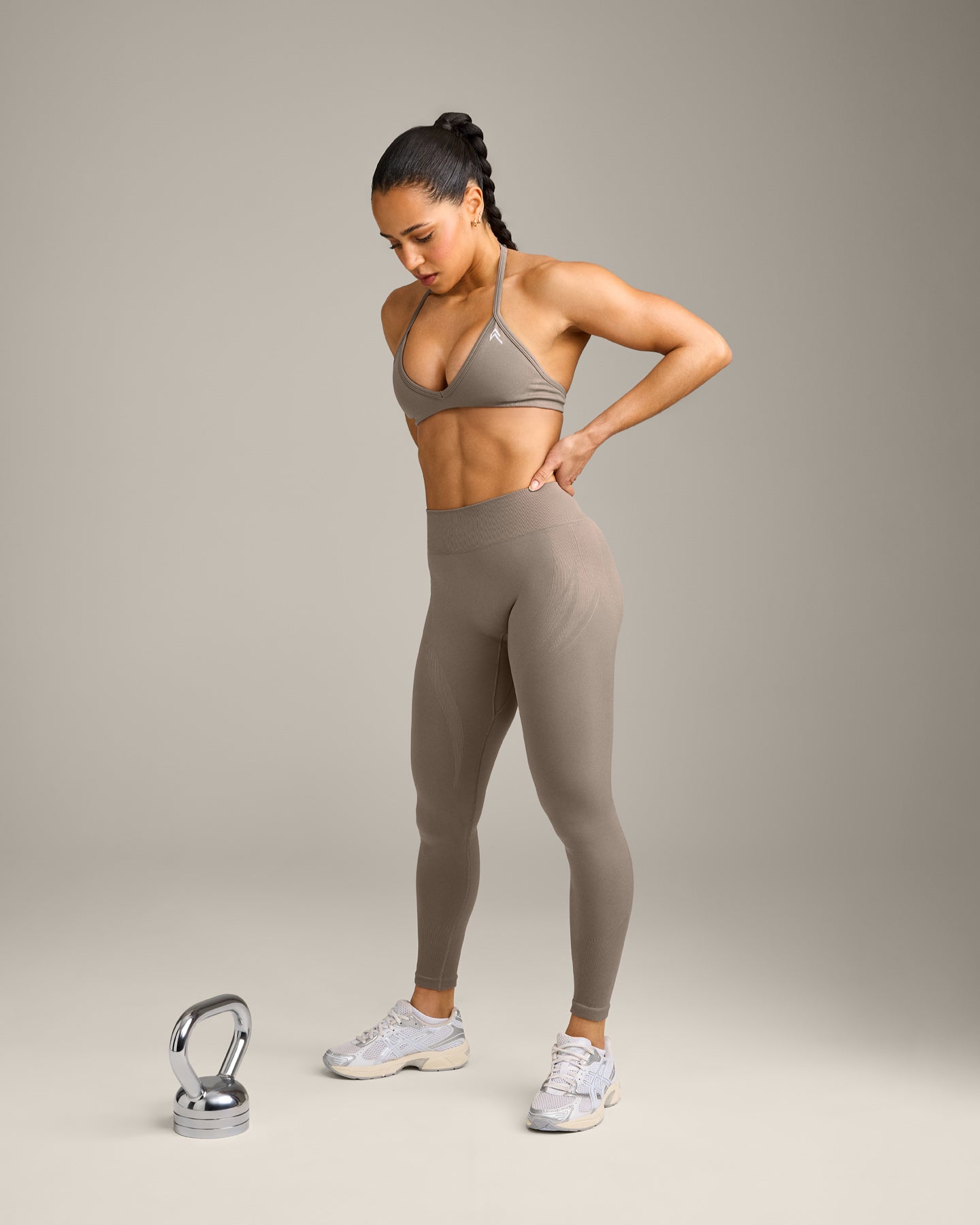 EnhanceLift Seamless Minimal Halter Neck Bralette with Grey Logo | Warm Minky - Image 3
