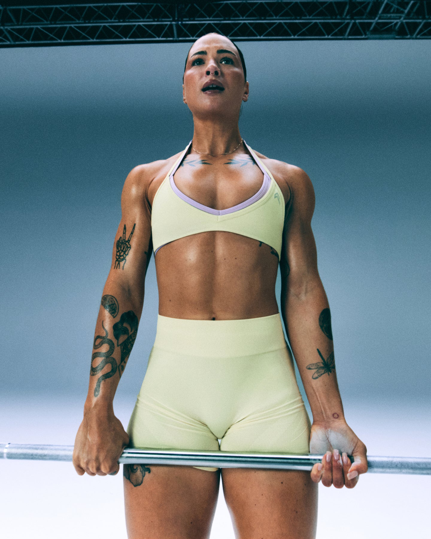Alternative view of EnhanceLift Seamless Minimal Halter Neck Bralette with Grey Logo | Pastel Yellow