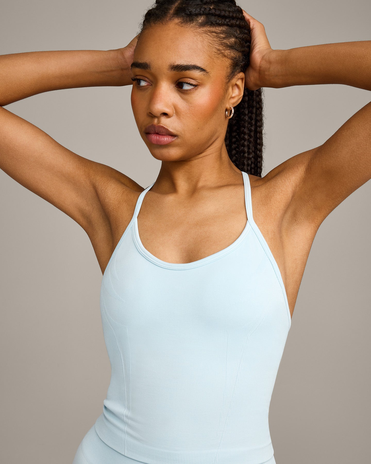 EnhanceLift Seamless Strappy Racer Vest with Built in Bra Shelf with Grey Logo | Cloud Blue - Image 4