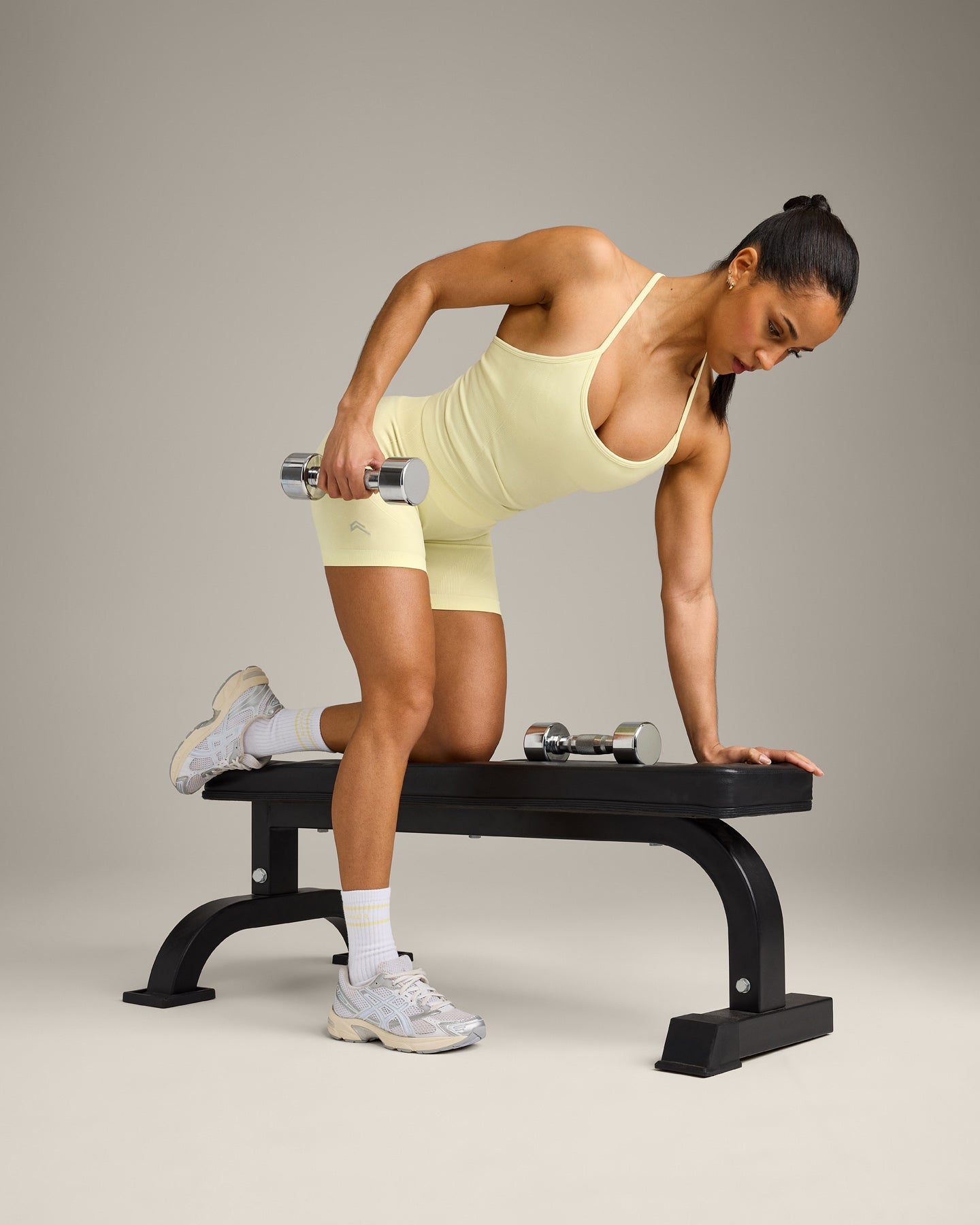 EnhanceLift Seamless Strappy Racer Vest with Built in Bra Shelf with Grey Logo | Pastel Yellow - Image 4