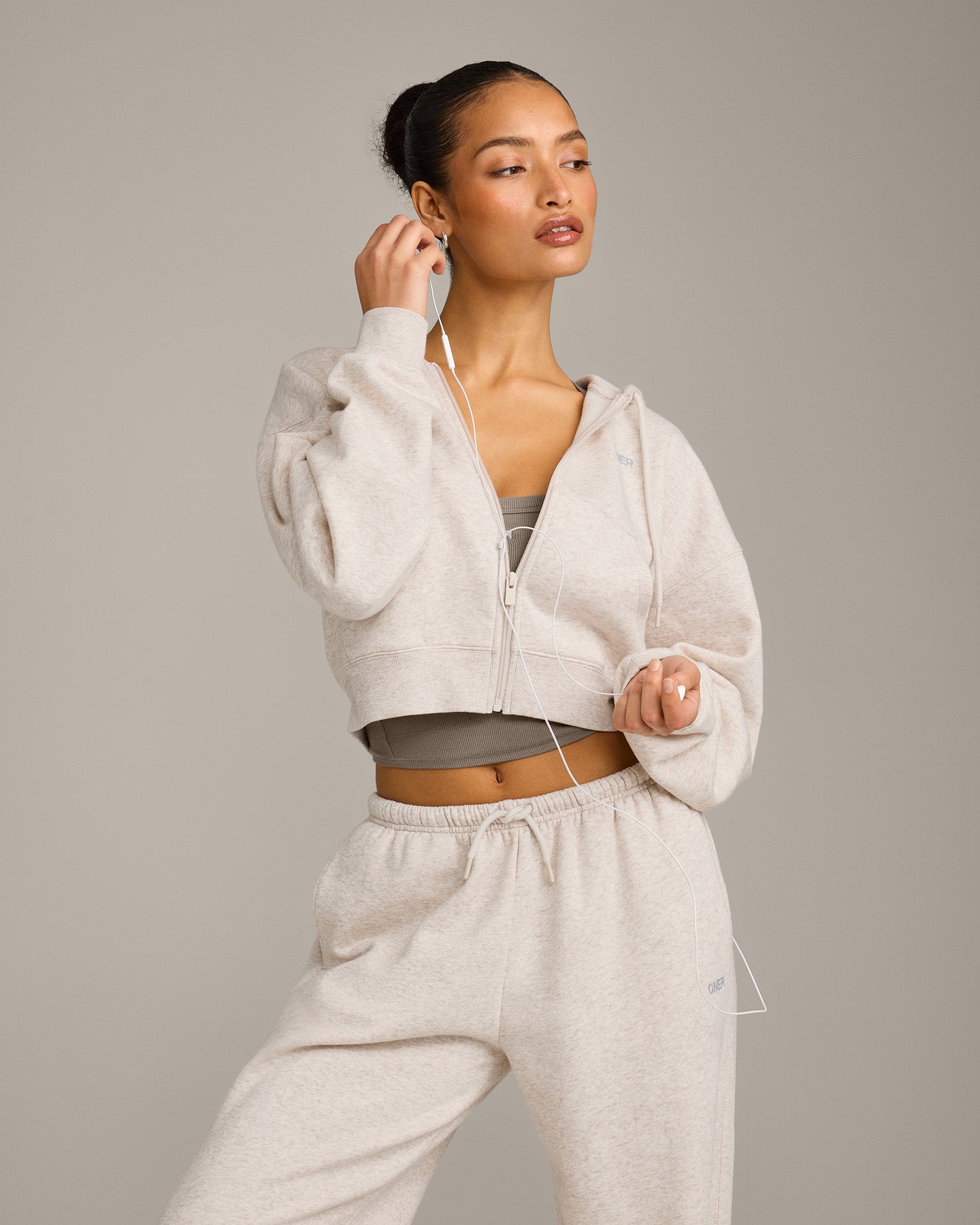 Foundations All Season Cropped Zip Through Hoodie | Oat Marl