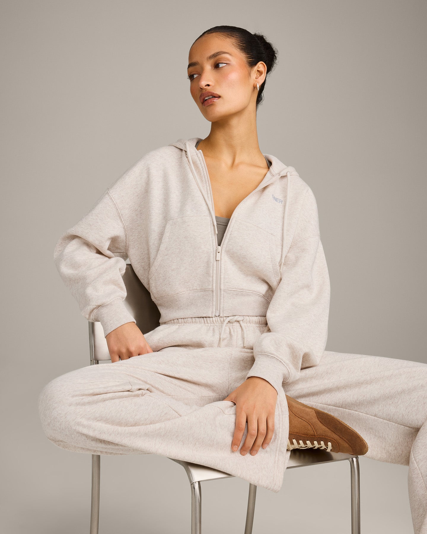 Foundations All Season Cropped Zip Through Hoodie | Oat Marl - Image 6