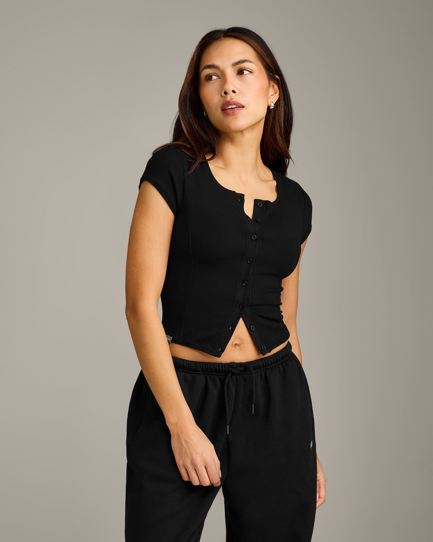 Mellow Rib Mid Short Sleeve Cardigan | Black