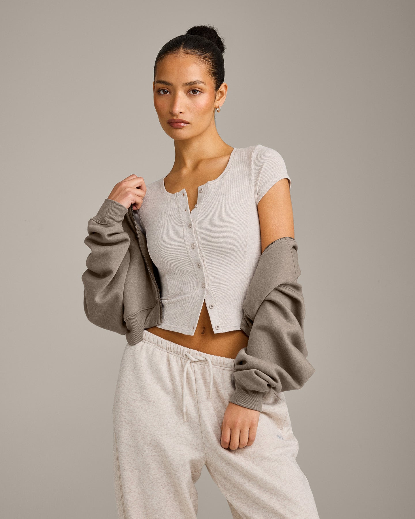 Mellow Rib Mid Short Sleeve Cardigan | Oat Marl