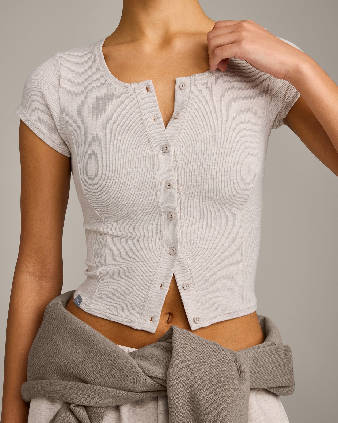 Mellow Rib Mid Short Sleeve Cardigan | Oat Marl - Image 3