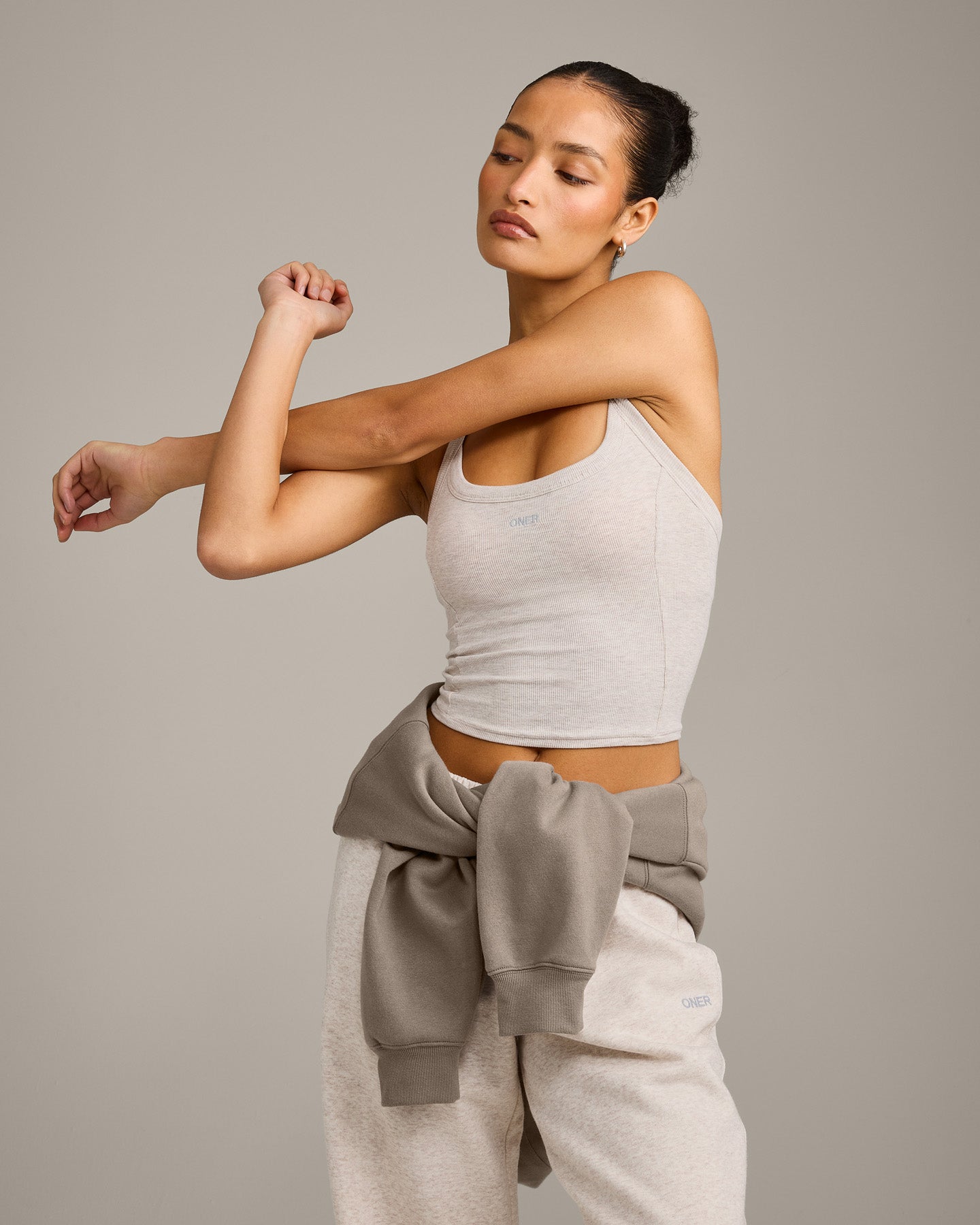 Mellow Rib Racer Back Mid Vest with Built in Bra Shelf | Oat Marl
