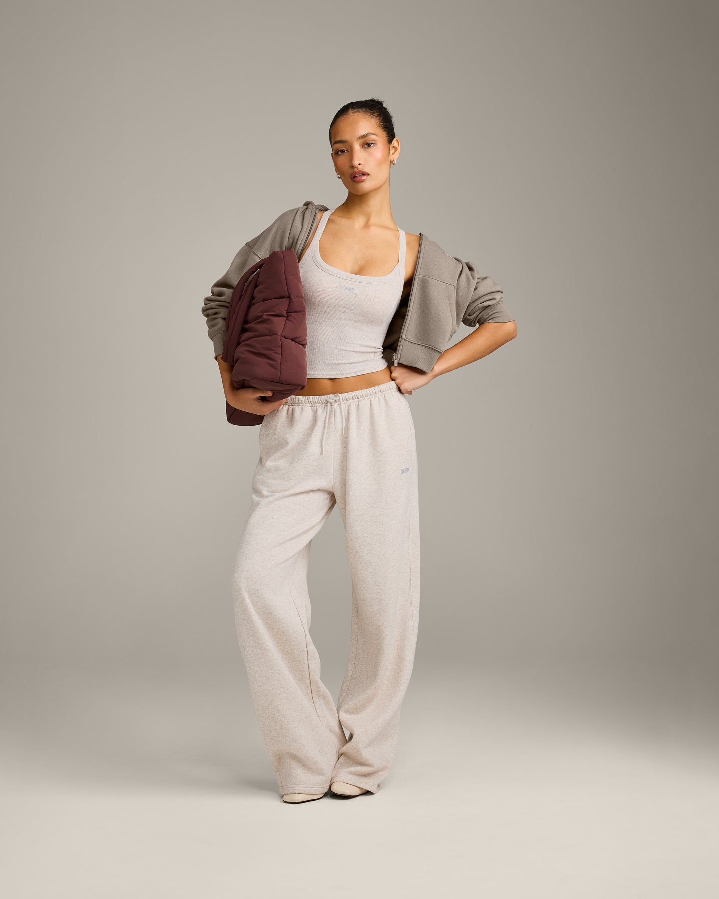Alternative view of Mellow Rib Racer Back Mid Vest with Built in Bra Shelf | Oat Marl