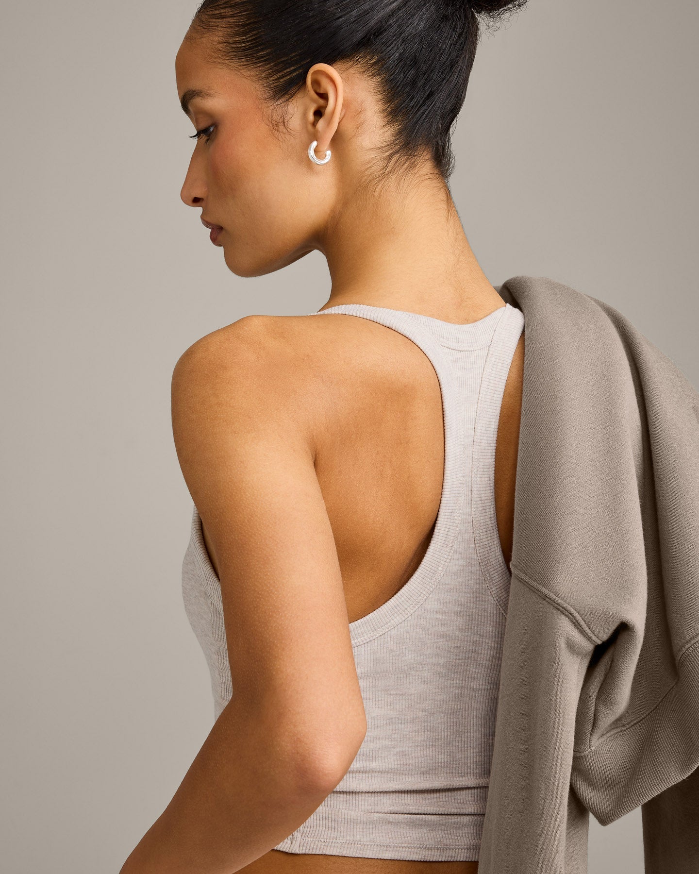 Mellow Rib Racer Back Mid Vest with Built in Bra Shelf | Oat Marl - Image 4