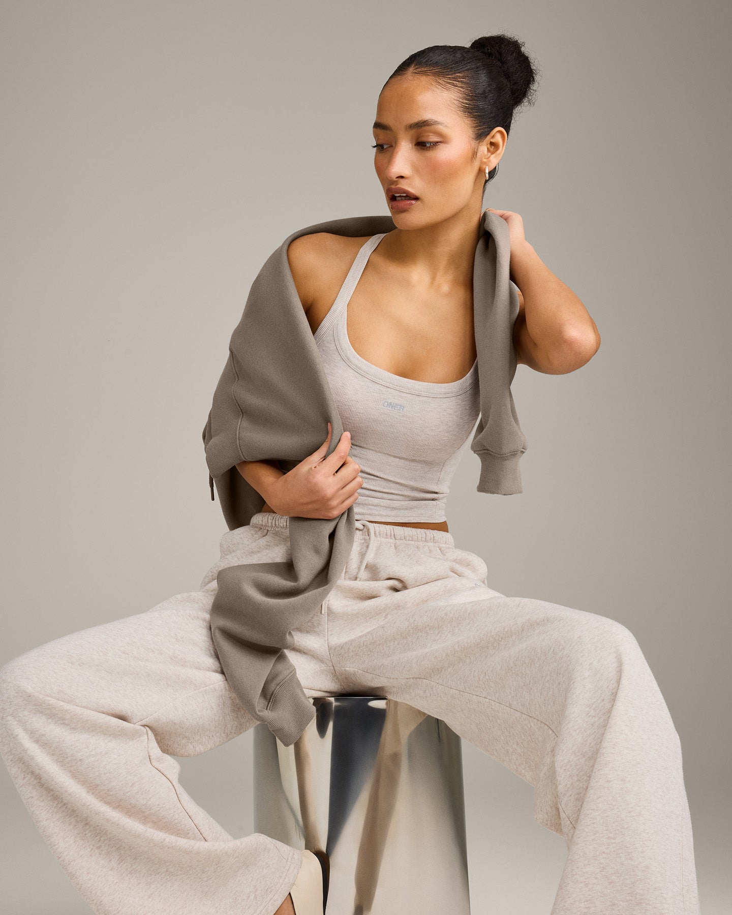 Mellow Rib Racer Back Mid Vest with Built in Bra Shelf | Oat Marl - Image 3