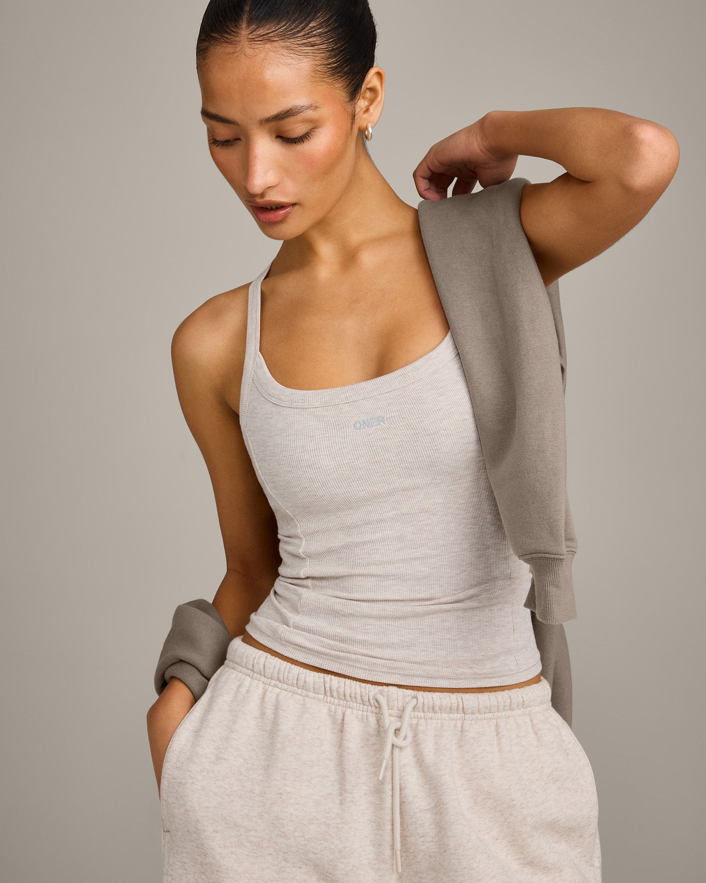 Mellow Rib Racer Back Vest with Built in Bra Shelf | Oat Marl - Image 3